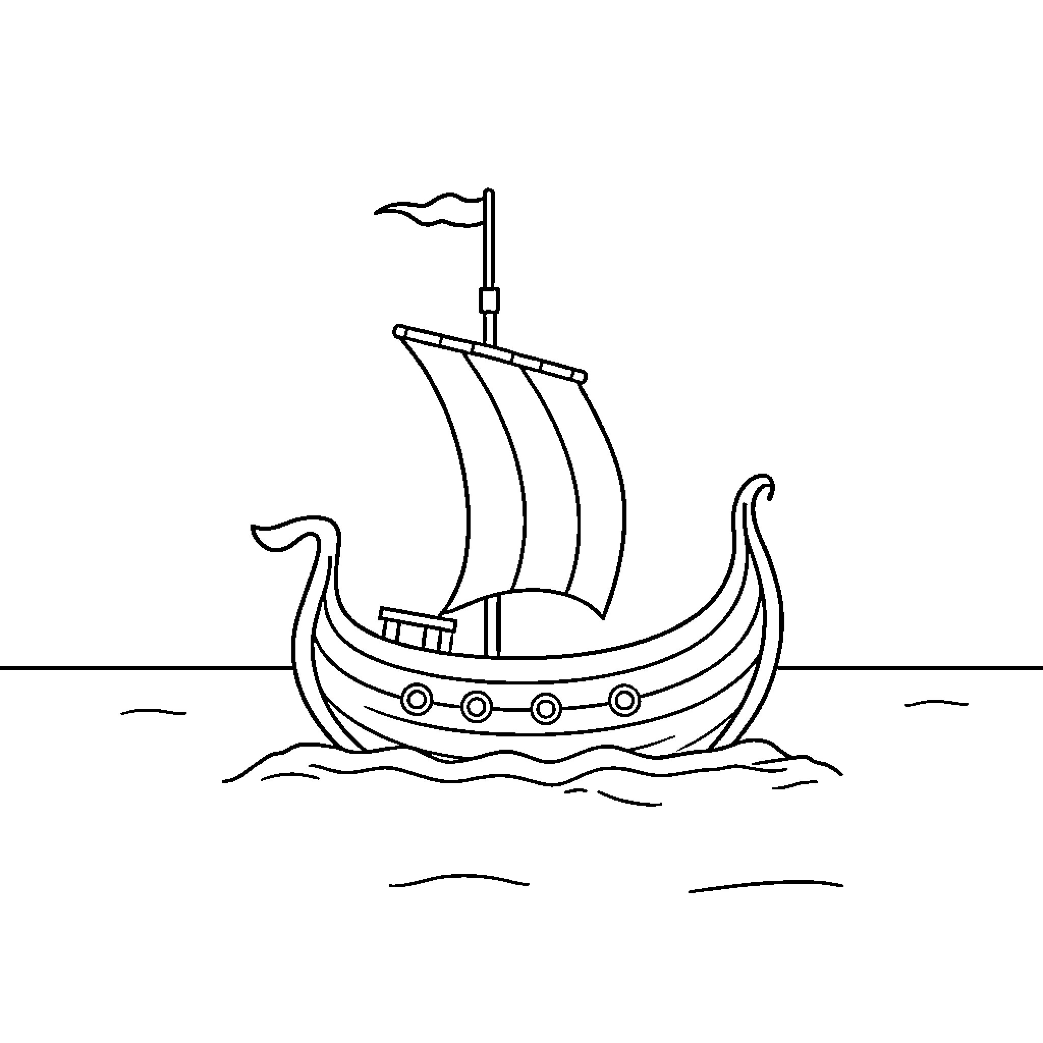 Viking Ship Sailing on Waves Coloring Page (free black-and-white line drawing printable PDF for all, from beginners to advanced learners, including children, teens, adults, and seniors)
