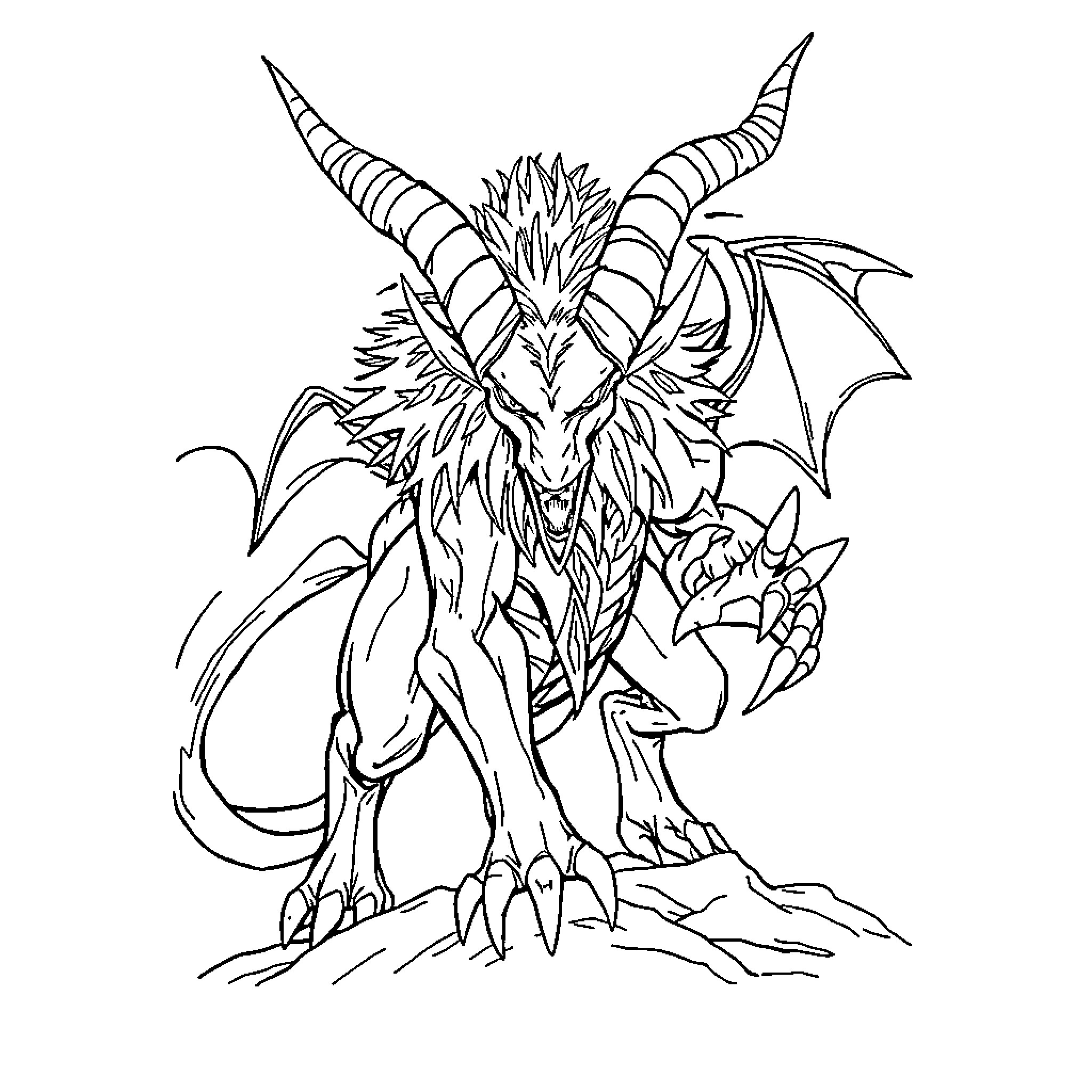 Horned Sliver of a Fearsome Mythical Creature Coloring Page (free black-and-white line drawing printable PDF for all, from beginners to advanced learners, including children, teens, adults, and seniors)