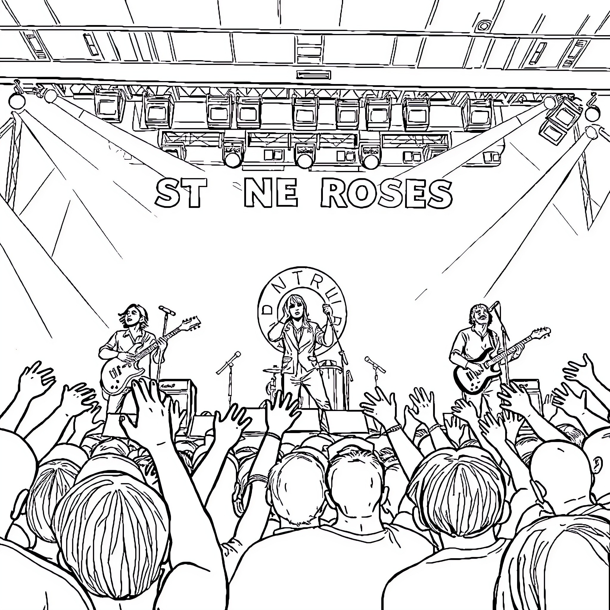 The Stone Roses performing energetically on stage Coloring Page (free black-and-white line drawing printable PDF for all, from beginners to advanced learners, including children, teens, adults, and seniors)