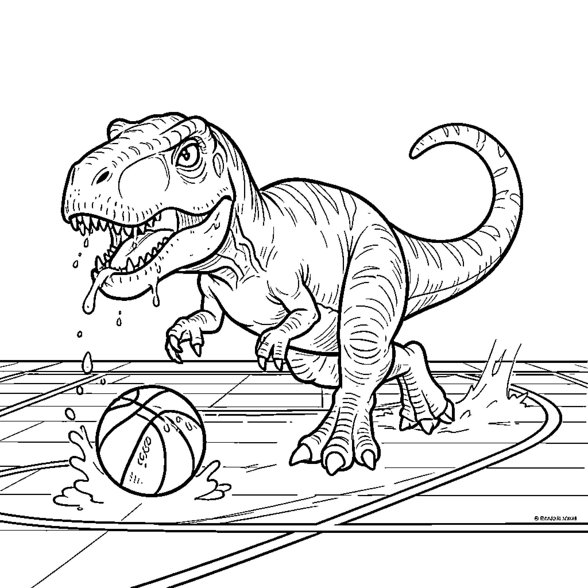 Dinosaur chasing a beach ball in the water Coloring Page (free black-and-white line drawing printable PDF for all, from beginners to advanced learners, including children, teens, adults, and seniors)
