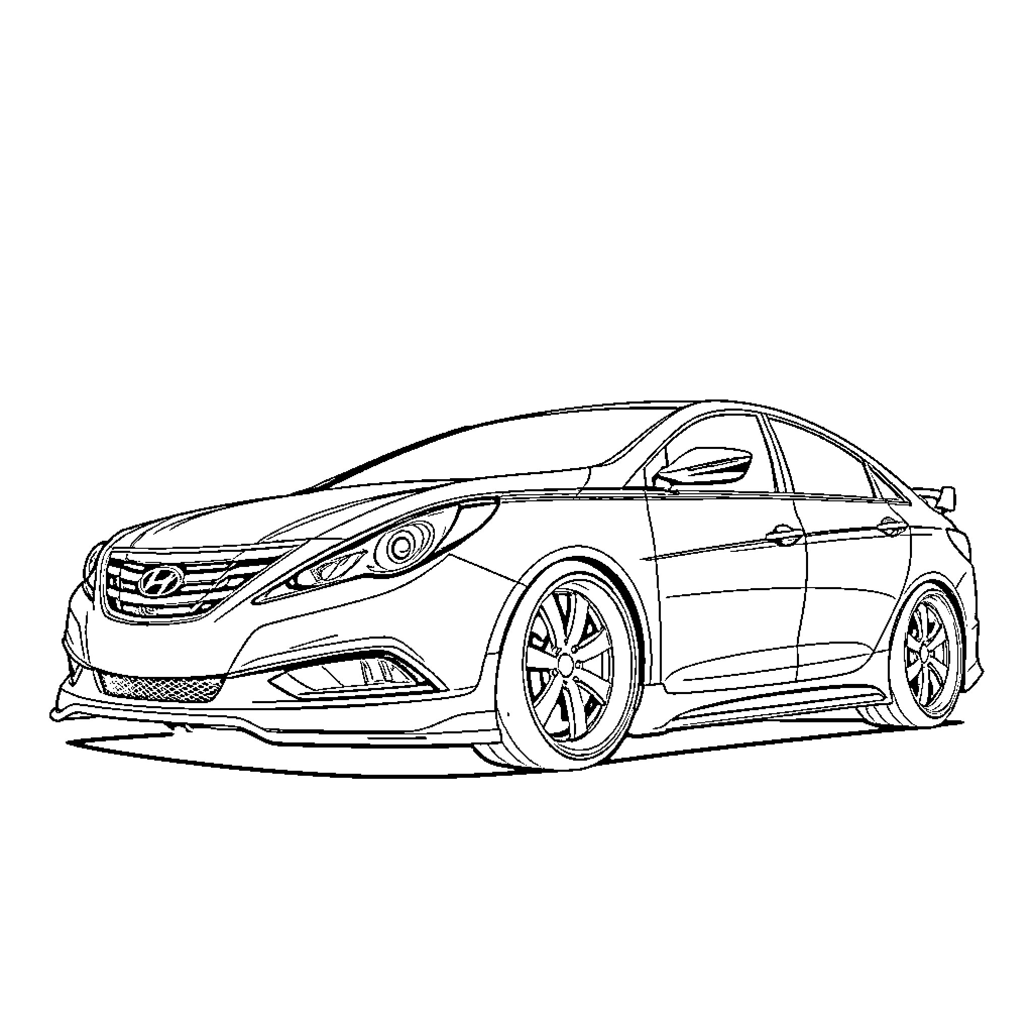 Hyundai Sonata sleek sedan on white background Coloring Page (free black-and-white line drawing printable PDF for all, from beginners to advanced learners, including children, teens, adults, and seniors)