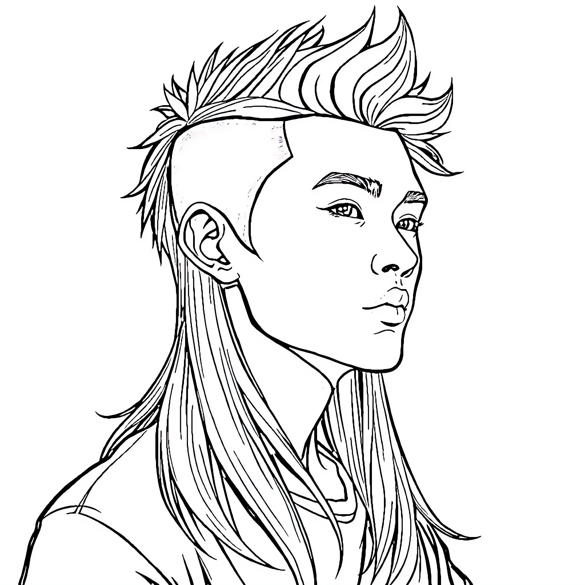 Man with Stylish Punk Hairstyle Coloring Page (free black-and-white line drawing printable PDF for all, from beginners to advanced learners, including children, teens, adults, and seniors)