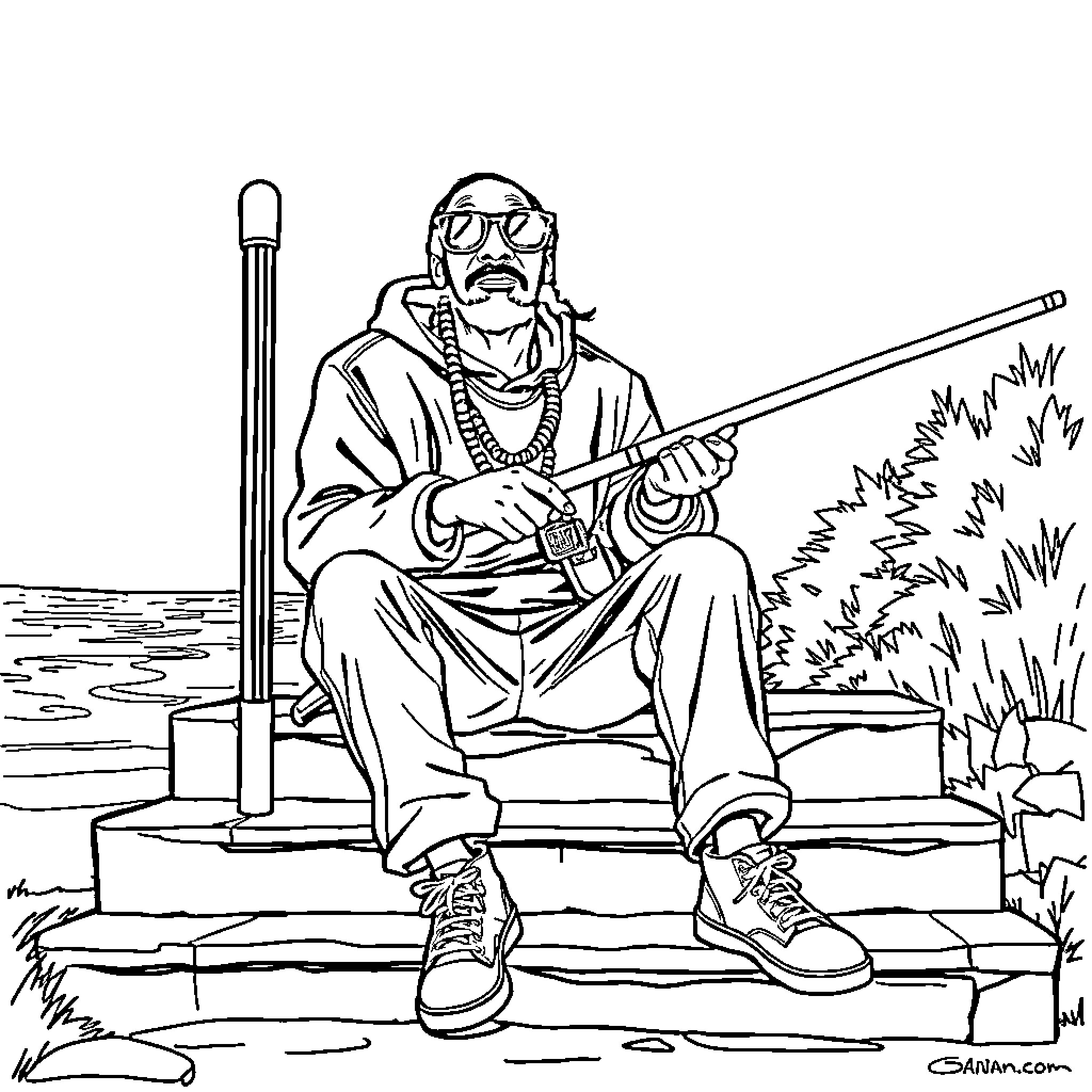 Snoop in a contemplative pose with a rifle Coloring Page (free black-and-white line drawing printable PDF for all, from beginners to advanced learners, including children, teens, adults, and seniors)