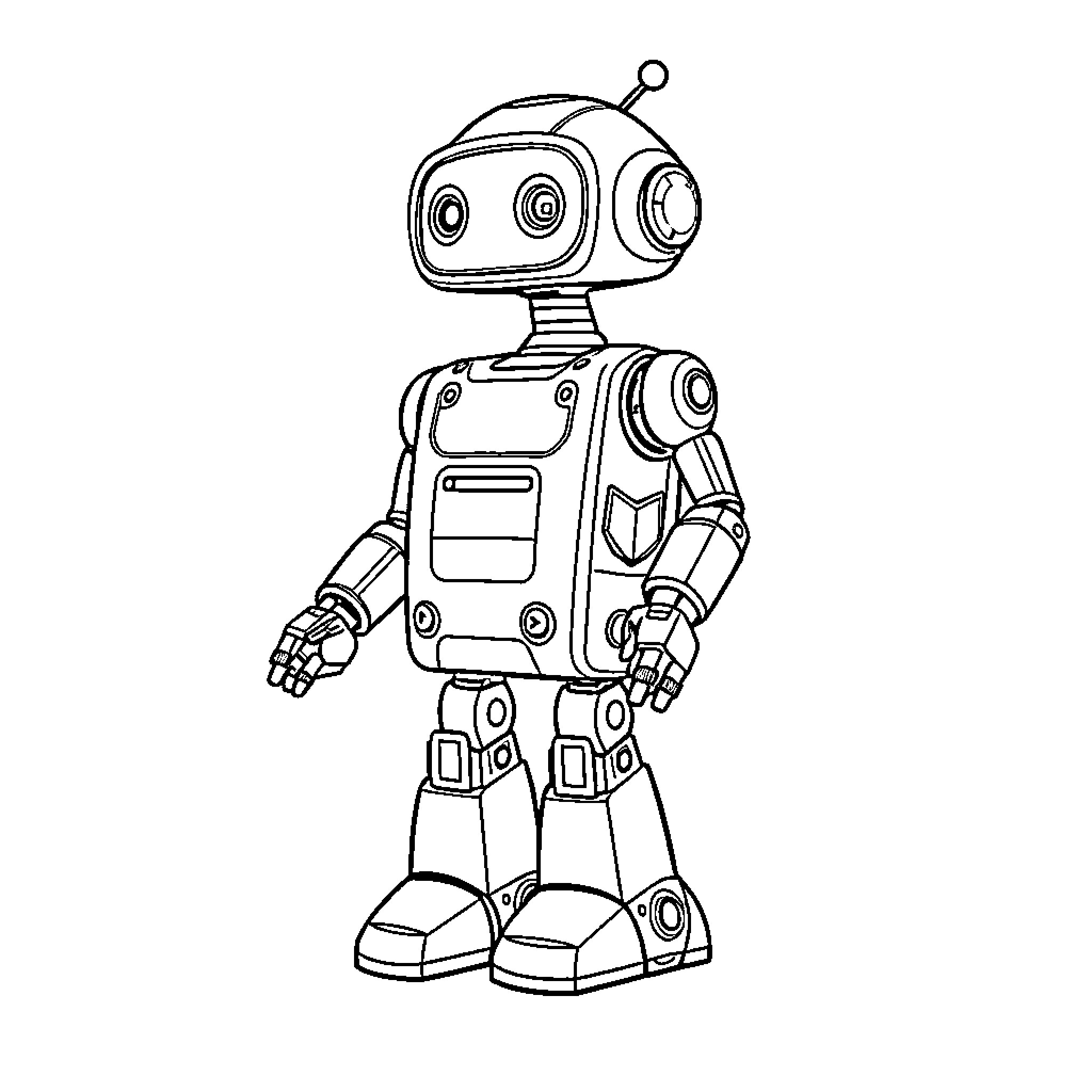 BT Friendly Robot with Mechanical Arms Coloring Page (free black-and-white line drawing printable PDF for all, from beginners to advanced learners, including children, teens, adults, and seniors)