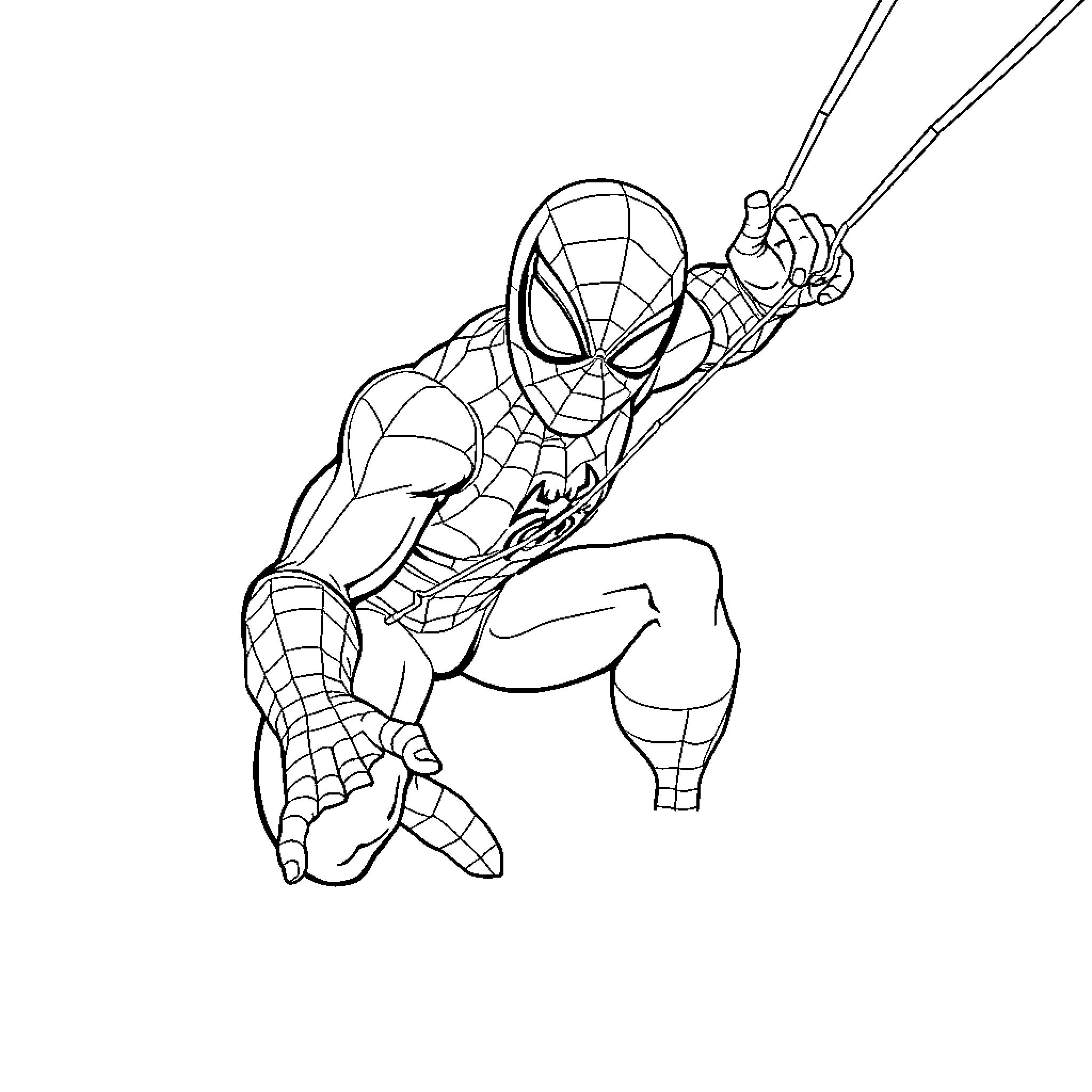 Spiderman swinging into action Coloring Page (free black-and-white line drawing printable PDF for all, from beginners to advanced learners, including children, teens, adults, and seniors)