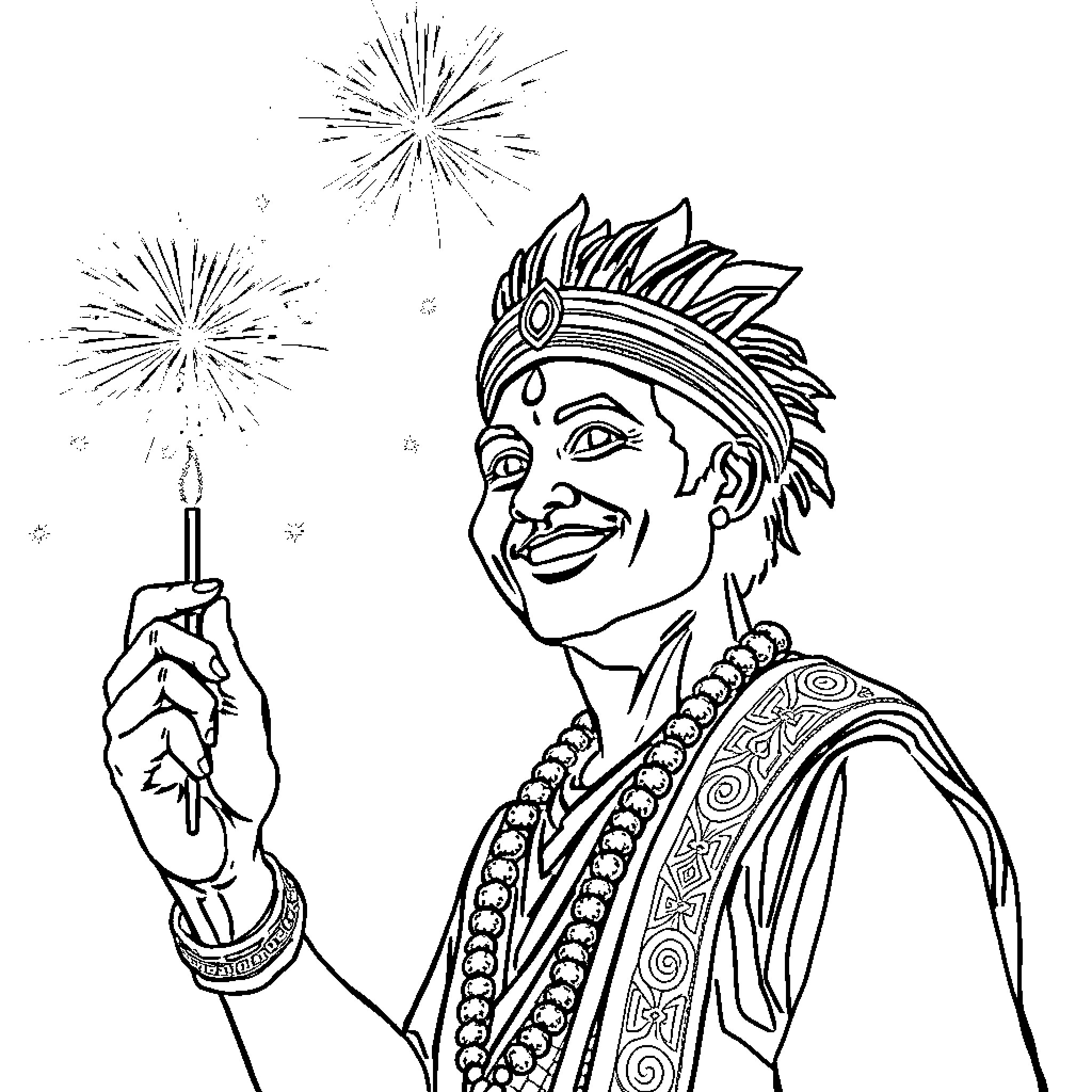 Man holding lit sparkler and celebrating with ornate headpiece Coloring Page (free black-and-white line drawing printable PDF for all, from beginners to advanced learners, including children, teens, adults, and seniors)