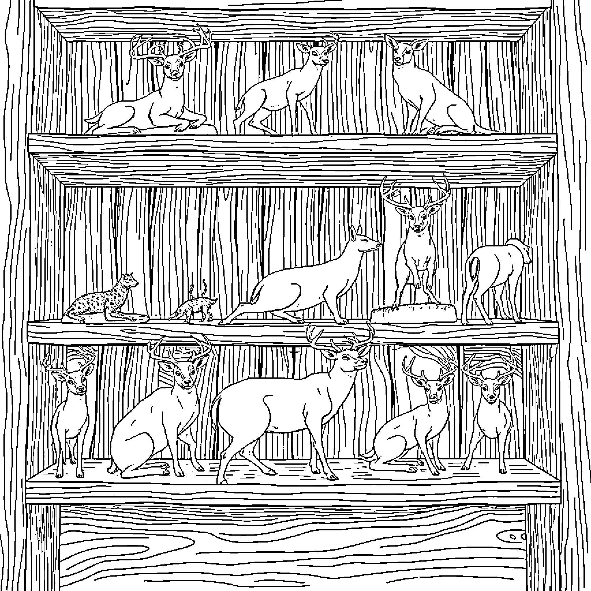 Taxidermy Animal Collection on Wooden Shelves Coloring Page (free black-and-white line drawing printable PDF for all, from beginners to advanced learners, including children, teens, adults, and seniors)