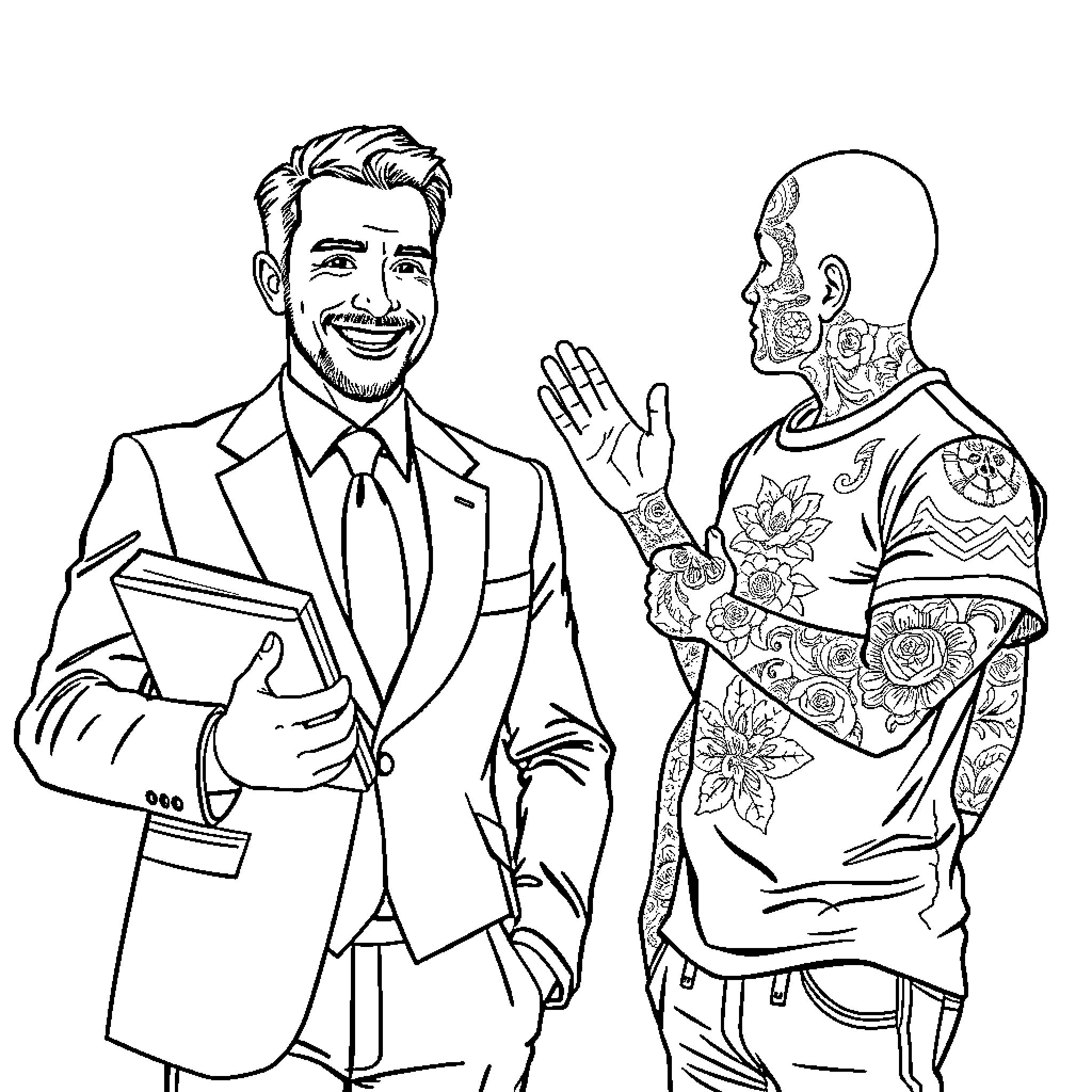 Man in Suit Interacting with Tattooed Man Coloring Page (free black-and-white line drawing printable PDF for all, from beginners to advanced learners, including children, teens, adults, and seniors)