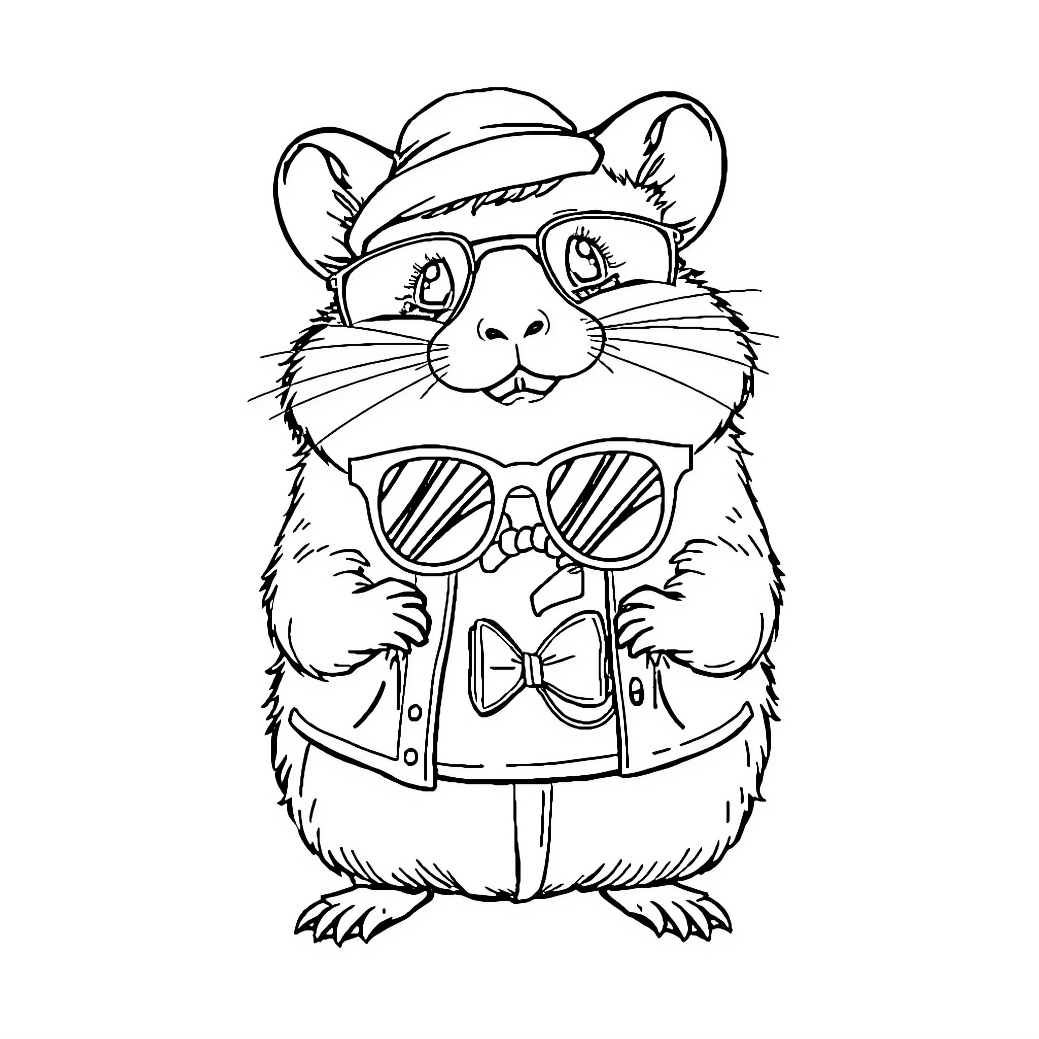 Hamster wearing fashionable outfit and sunglasses Coloring Page (free black-and-white line drawing printable PDF for all, from beginners to advanced learners, including children, teens, adults, and seniors)