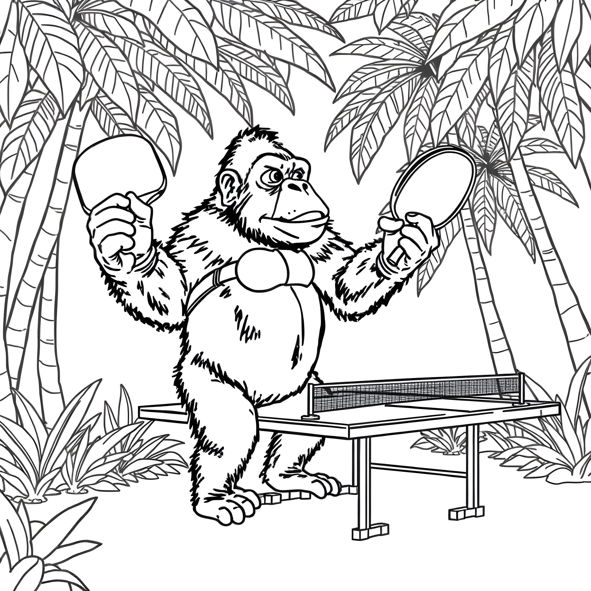 Gorilla playing ping-pong in tropical jungle Coloring Page (free black-and-white line drawing printable PDF for all, from beginners to advanced learners, including children, teens, adults, and seniors)