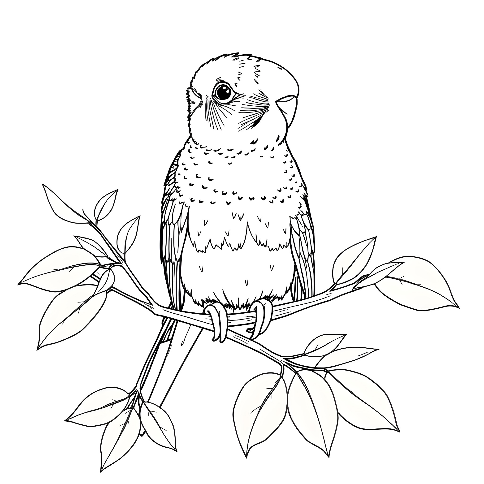 Budgerigar perched on a branch with leaves Coloring Page (free black-and-white line drawing printable PDF for all, from beginners to advanced learners, including children, teens, adults, and seniors)