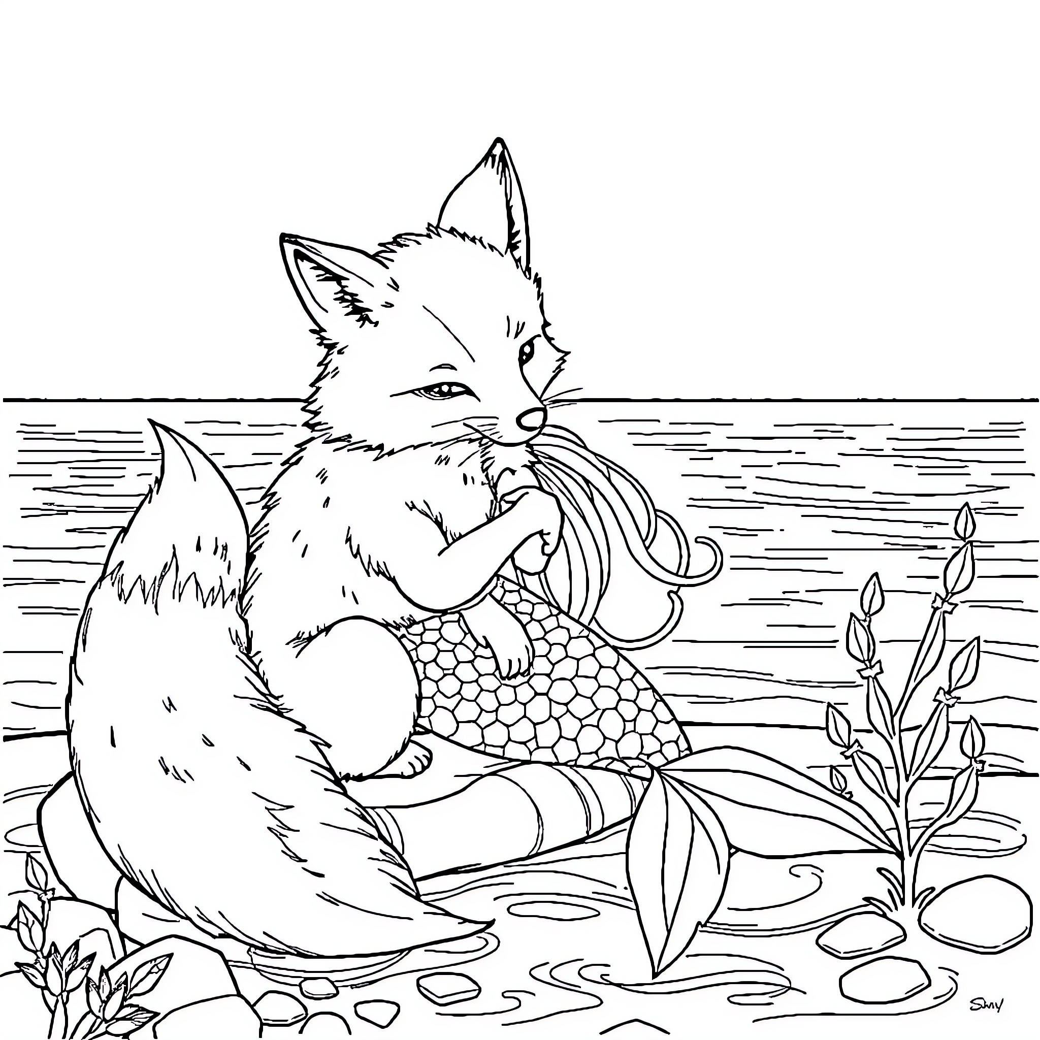 Fox Playing with Fish in Underwater Scene Coloring Page (free black-and-white line drawing printable PDF for all, from beginners to advanced learners, including children, teens, adults, and seniors)