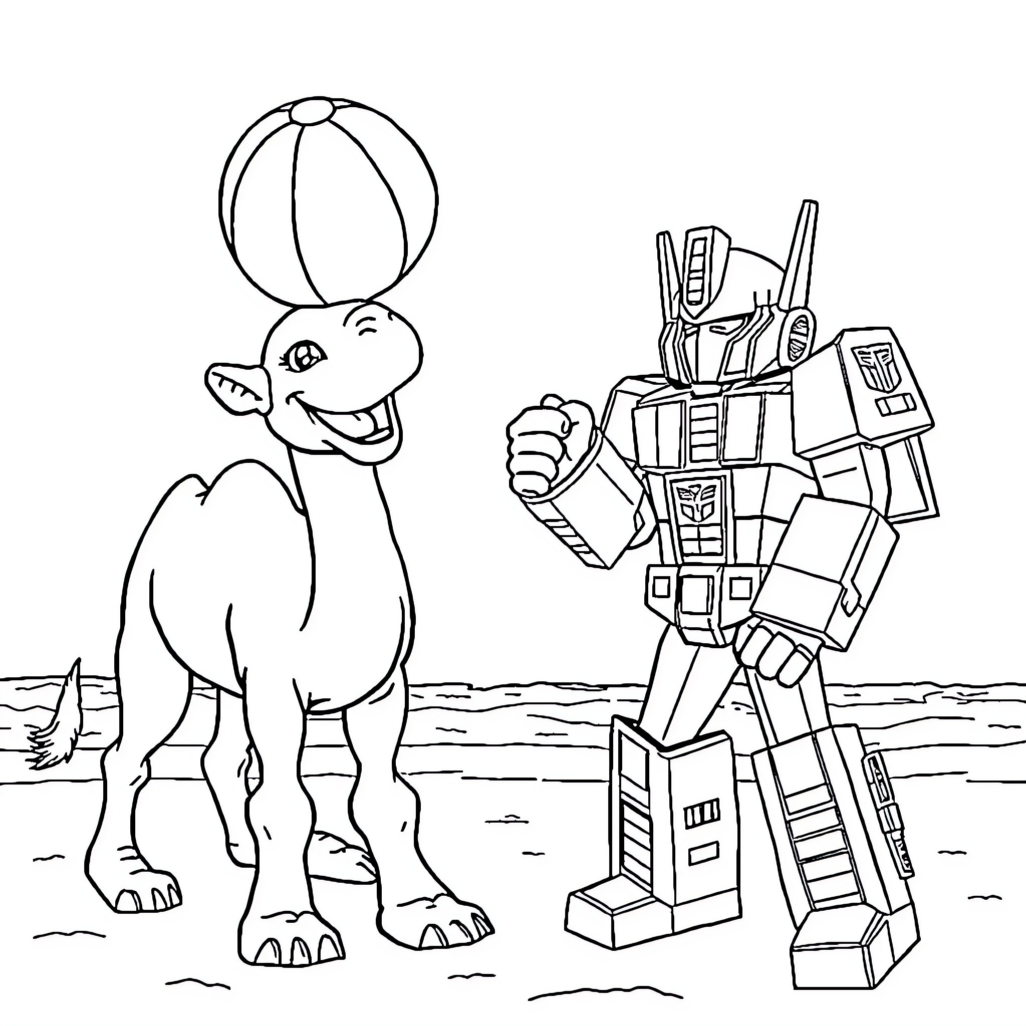 Camel meeting a transforming robot Coloring Page (free black-and-white line drawing printable PDF for all, from beginners to advanced learners, including children, teens, adults, and seniors)