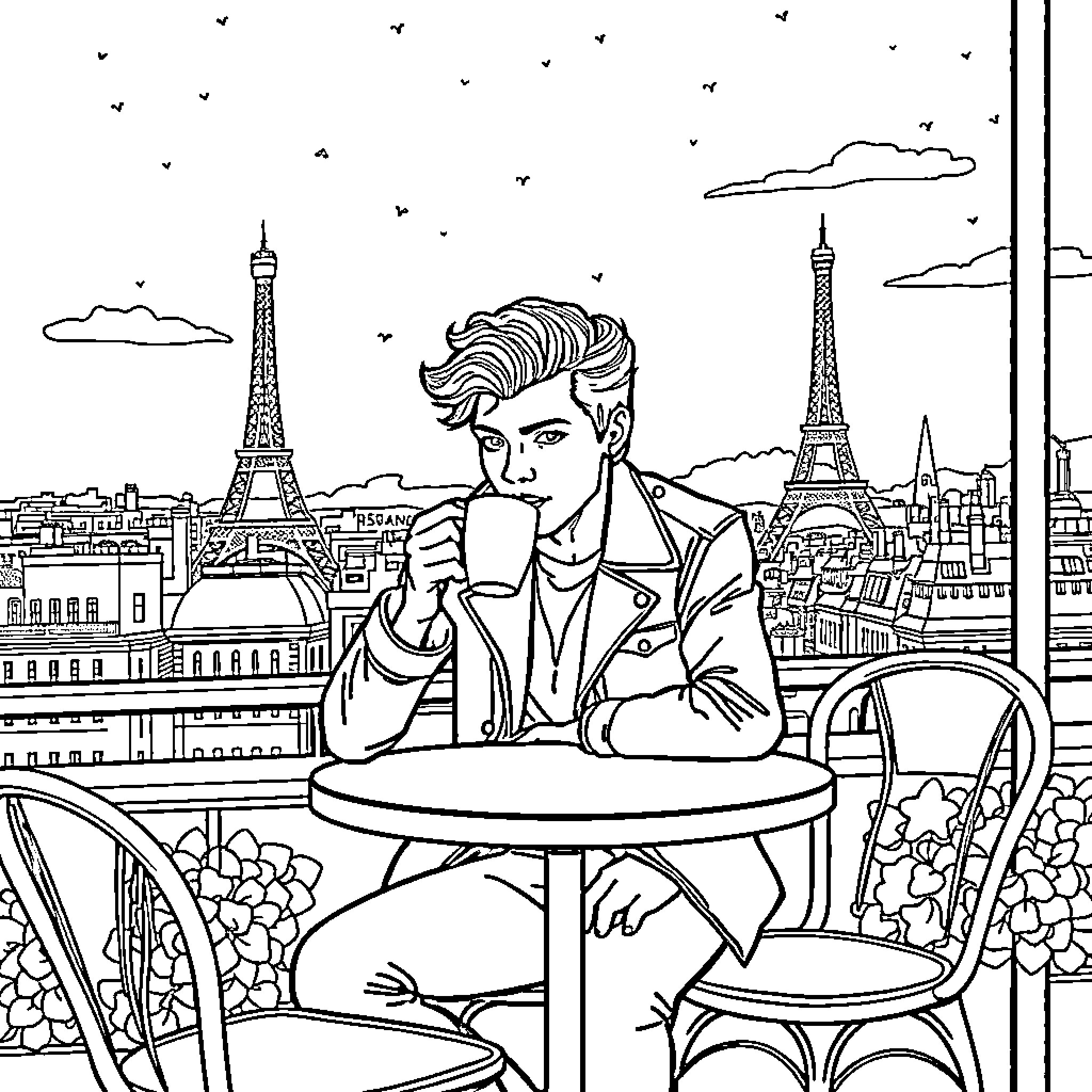 Harry Styles enjoying a relaxing moment in Paris Coloring Page (free black-and-white line drawing printable PDF for all, from beginners to advanced learners, including children, teens, adults, and seniors)