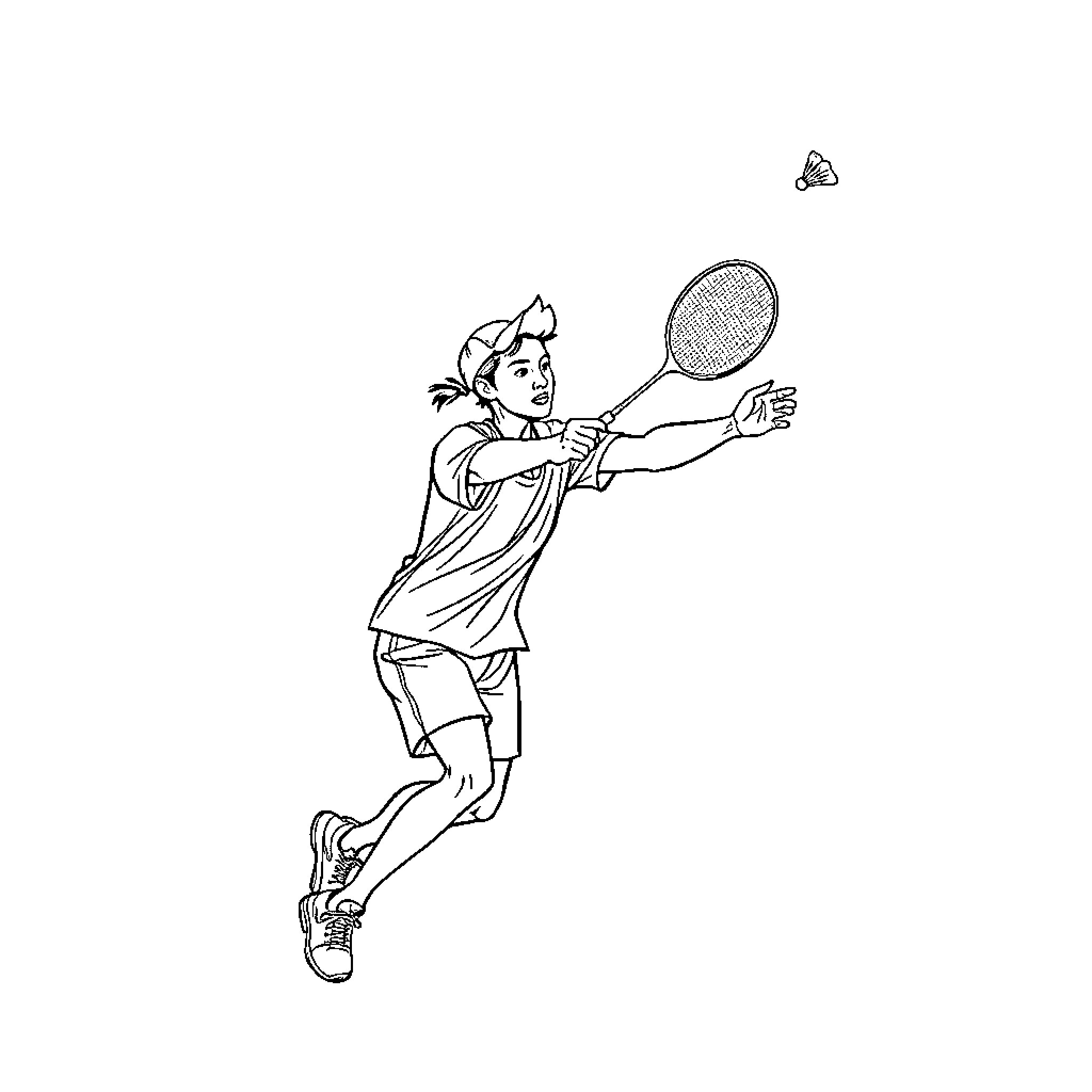 Badminton player in mid-swing with shuttlecock Coloring Page (free black-and-white line drawing printable PDF for all, from beginners to advanced learners, including children, teens, adults, and seniors)