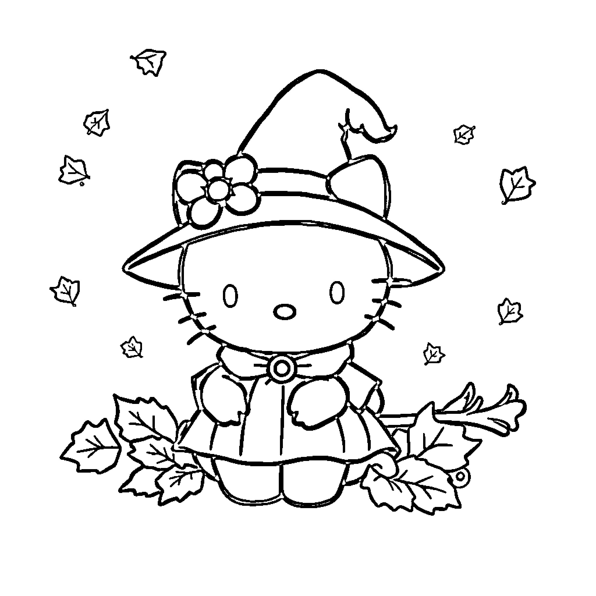 Hello Kitty dressed in fall attire Coloring Page (free black-and-white line drawing printable PDF for all, from beginners to advanced learners, including children, teens, adults, and seniors)