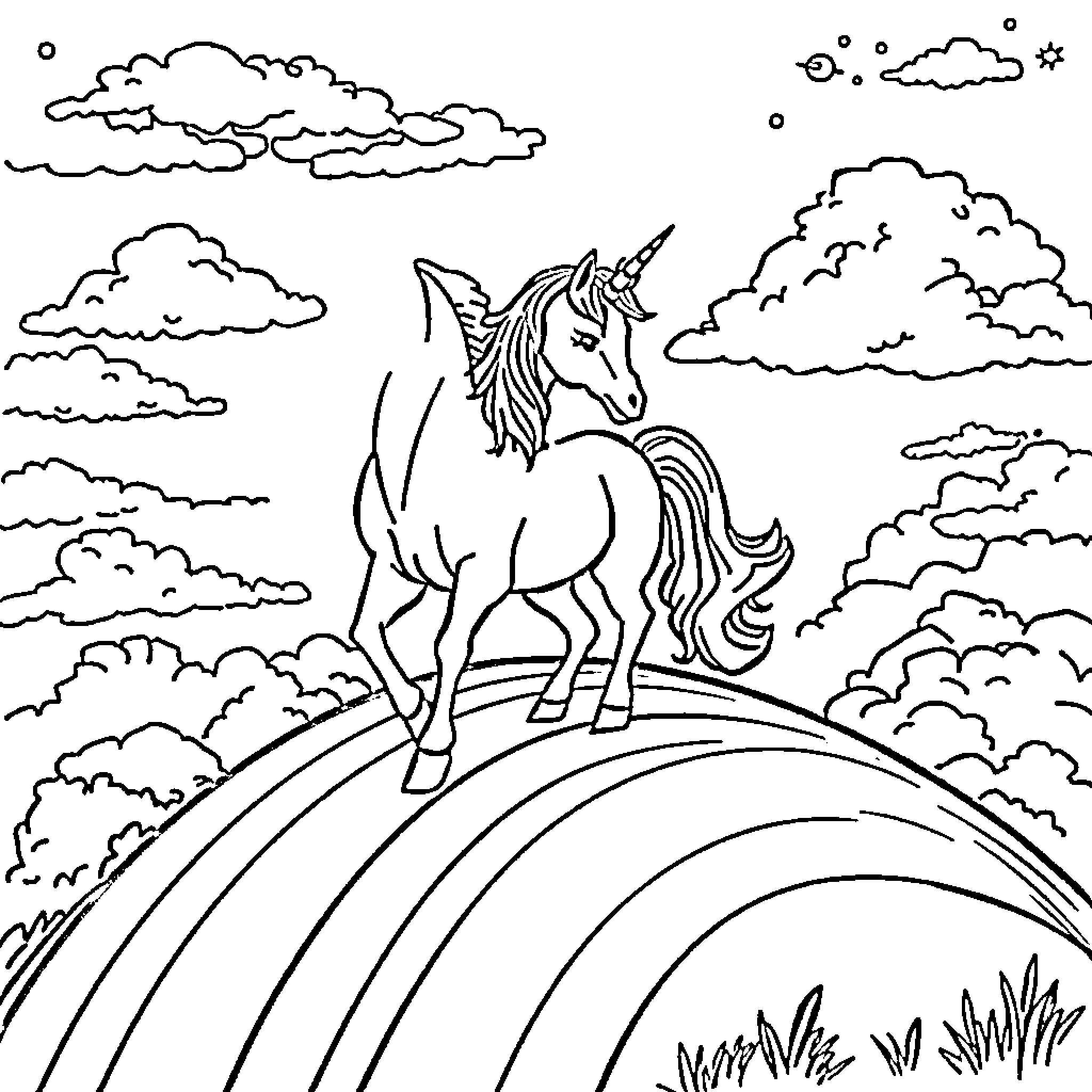 Unicorn standing atop a rainbow in a cloudy sky Coloring Page (free black-and-white line drawing printable PDF for all, from beginners to advanced learners, including children, teens, adults, and seniors)
