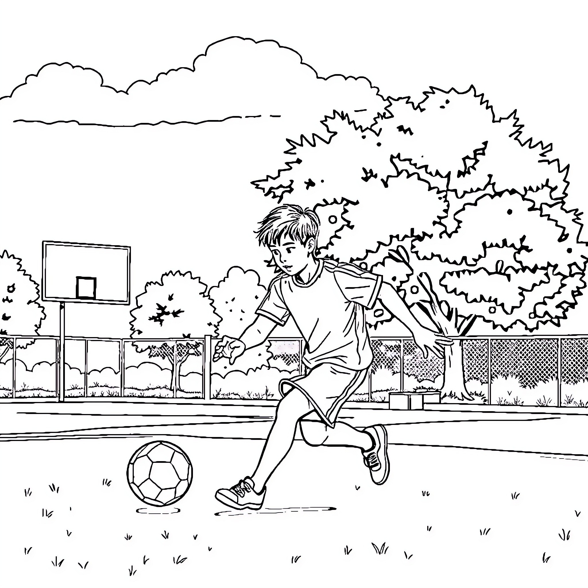 Boy playing joyfully with soccer ball on outdoor court Coloring Page (free black-and-white line drawing printable PDF for all, from beginners to advanced learners, including children, teens, adults, and seniors)