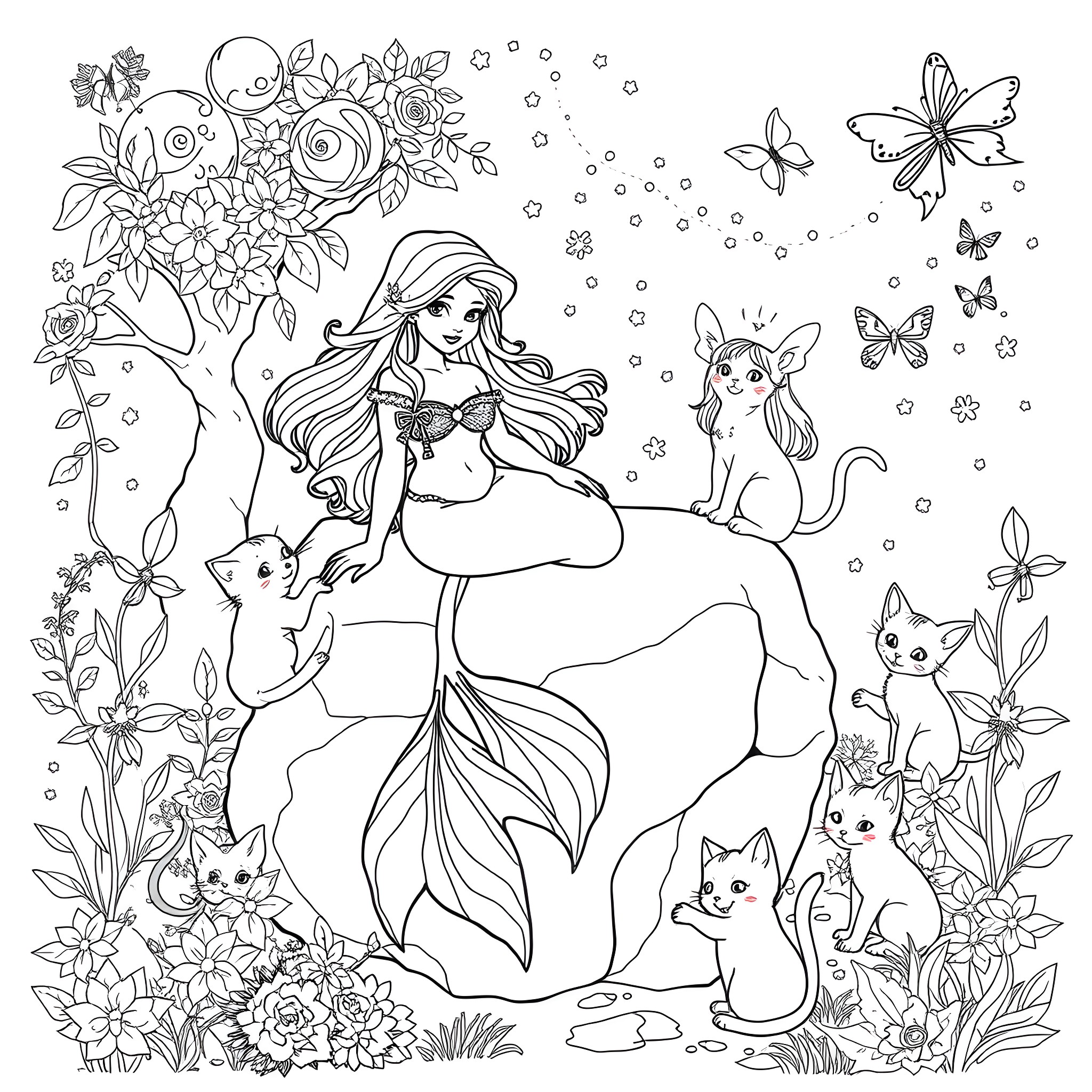 Mermaid resting among whimsical sea creatures and flowers Coloring Page (free black-and-white line drawing printable PDF for all, from beginners to advanced learners, including children, teens, adults, and seniors)