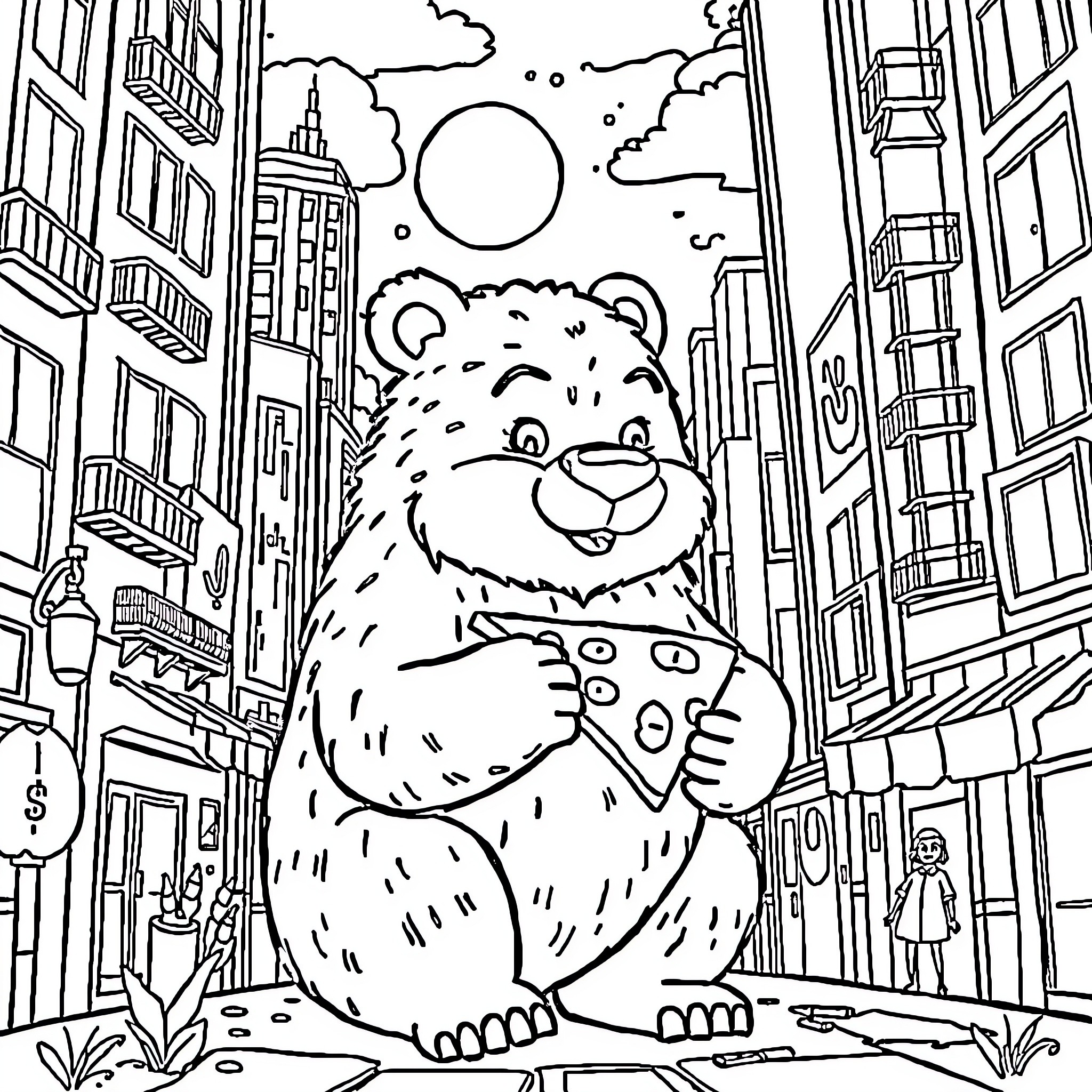 Oso Explores the Vibrant City Coloring Page (free black-and-white line drawing printable PDF for all, from beginners to advanced learners, including children, teens, adults, and seniors)