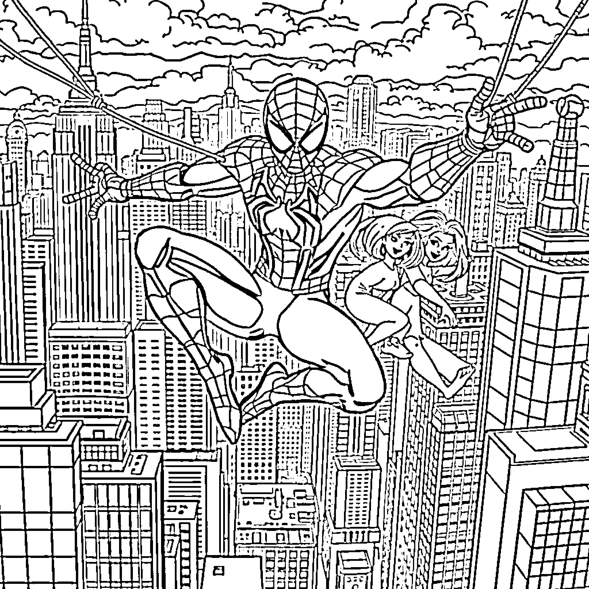 Spider-Man swinging through the city skyline Coloring Page (free black-and-white line drawing printable PDF for all, from beginners to advanced learners, including children, teens, adults, and seniors)