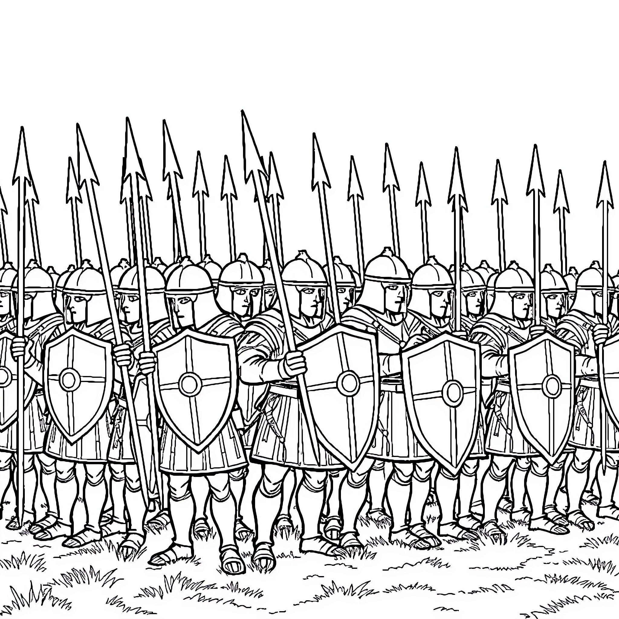 Army of Armored Soldiers with Shields and Spears Coloring Page (free black-and-white line drawing printable PDF for all, from beginners to advanced learners, including children, teens, adults, and seniors)