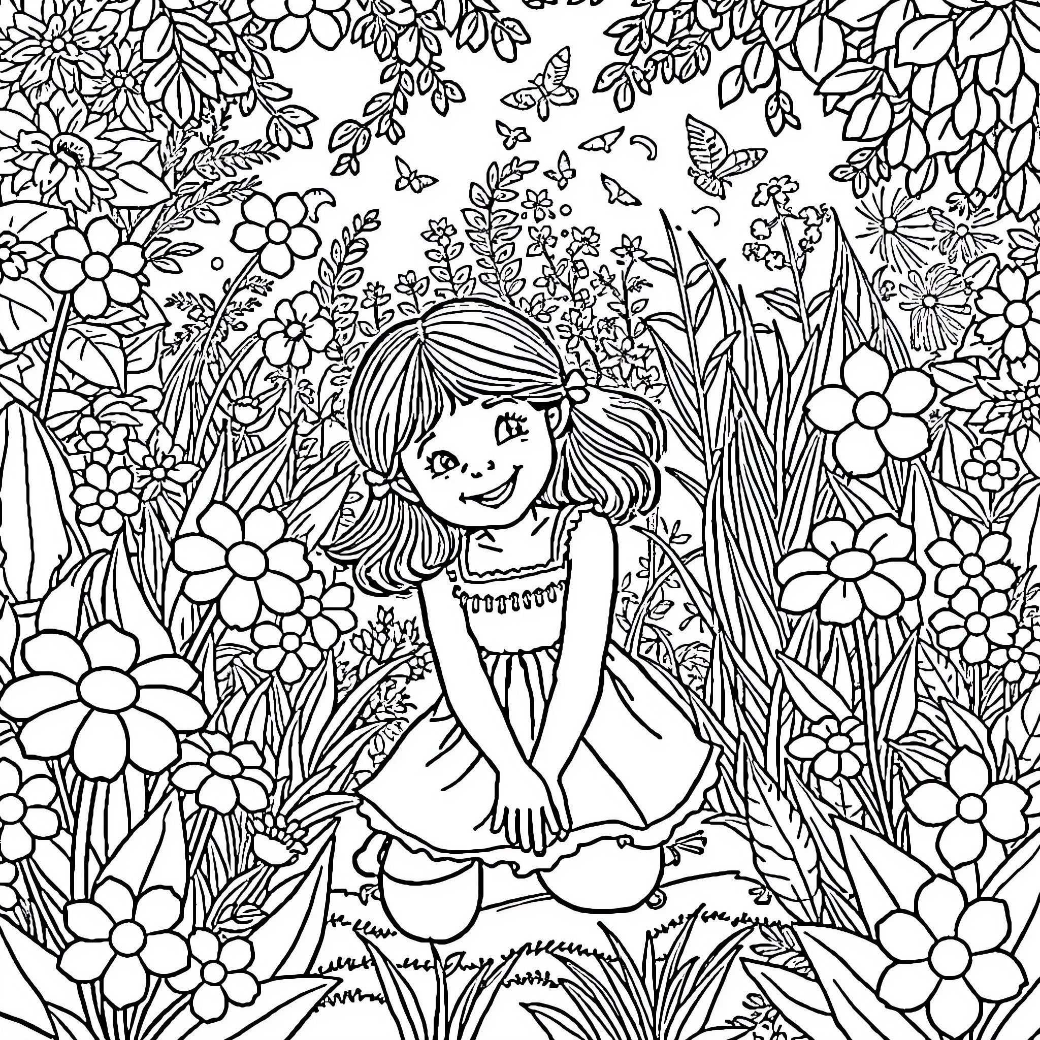 Girl exploring whimsical floral garden with butterflies Coloring Page (free black-and-white line drawing printable PDF for all, from beginners to advanced learners, including children, teens, adults, and seniors)