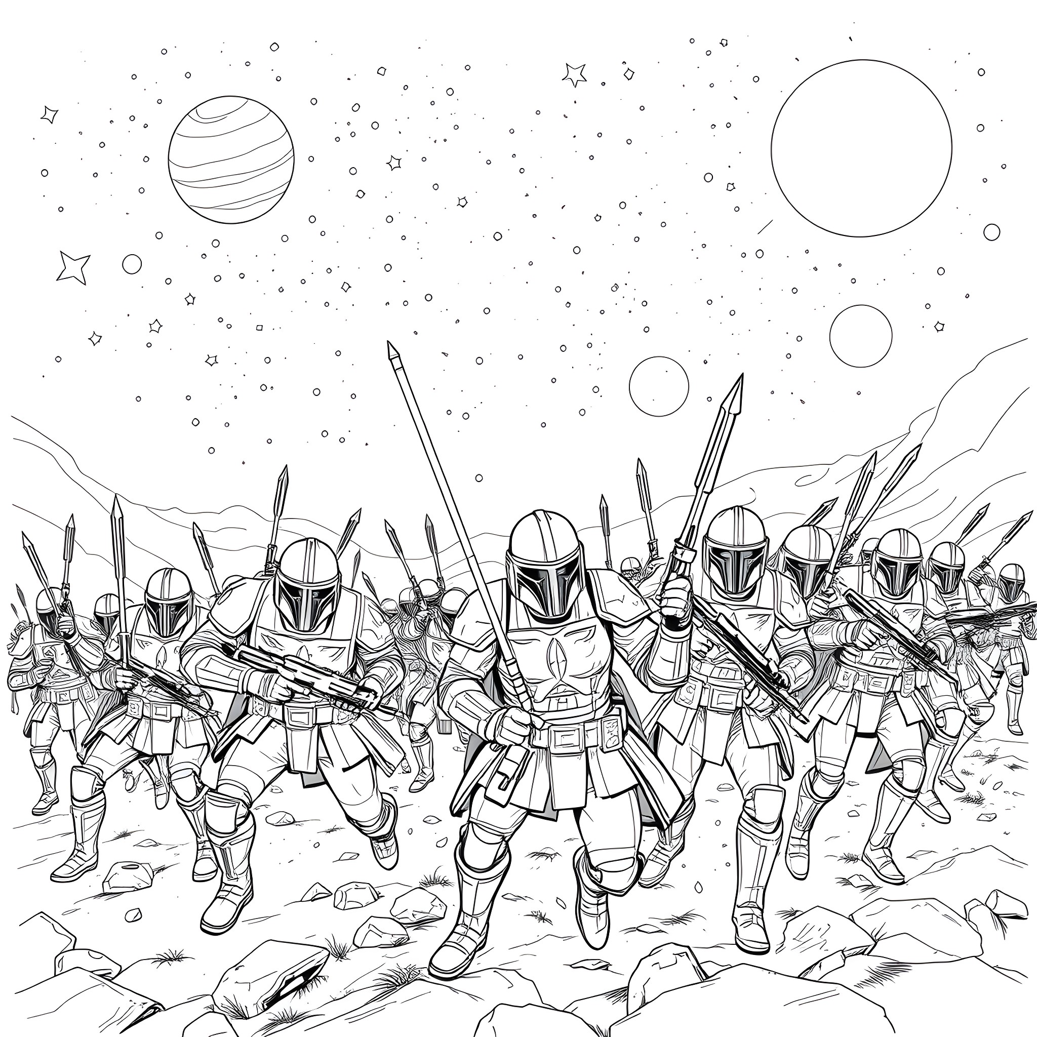 Space Marine army marching into battle under the stars Coloring Page (free black-and-white line drawing printable PDF for all, from beginners to advanced learners, including children, teens, adults, and seniors)