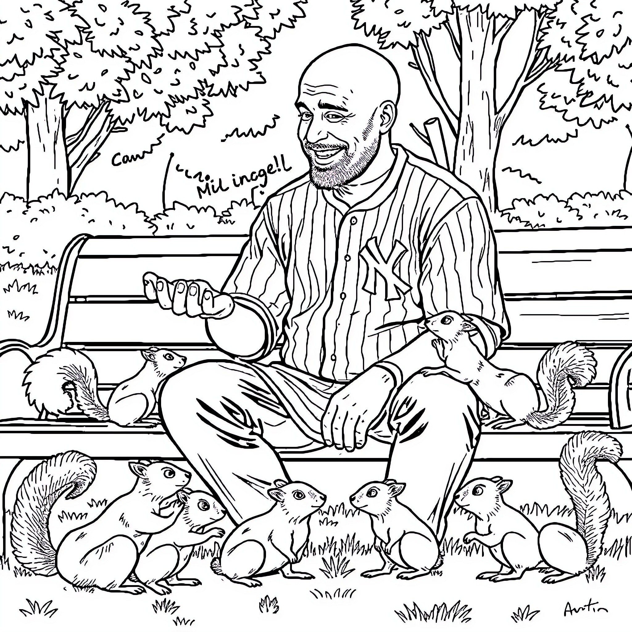 Man Surrounded by Playful Animals in the Park Coloring Page (free black-and-white line drawing printable PDF for all, from beginners to advanced learners, including children, teens, adults, and seniors)