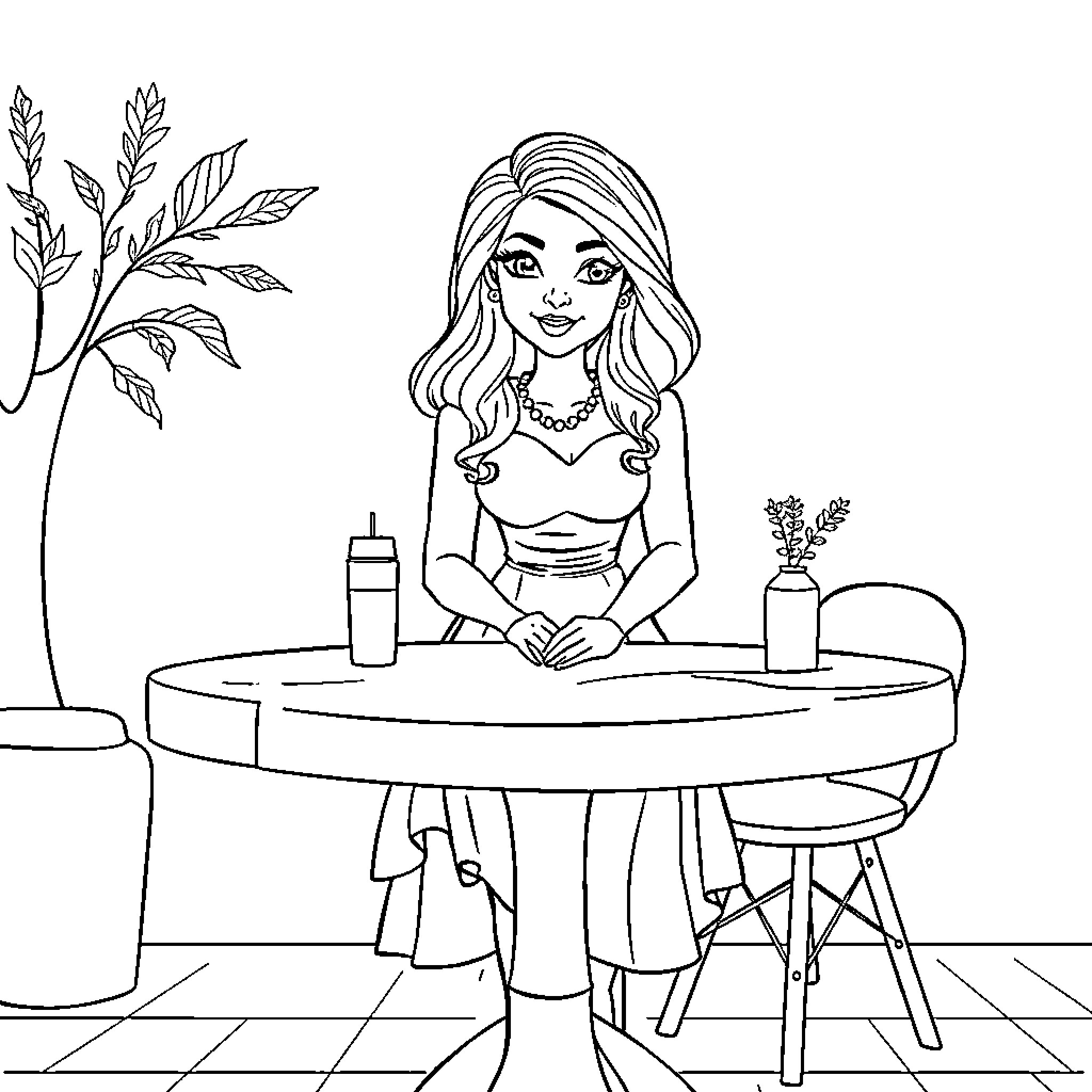 Alexa relaxing at a cafe table Coloring Page (free black-and-white line drawing printable PDF for all, from beginners to advanced learners, including children, teens, adults, and seniors)