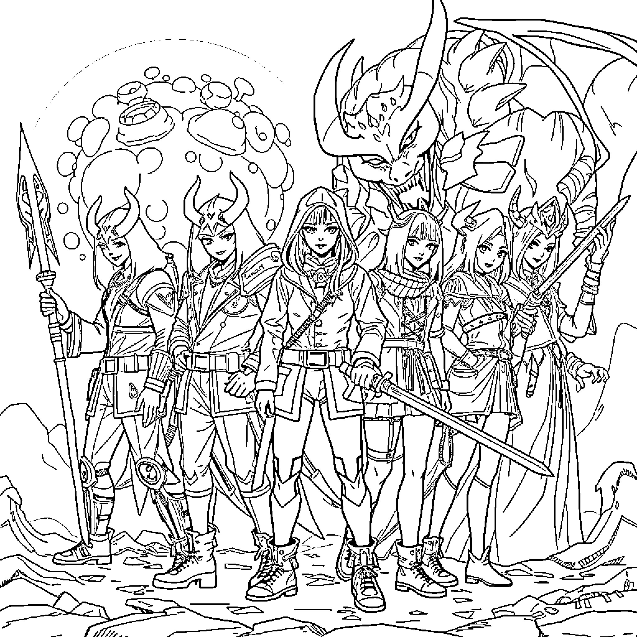 Demon Hunter Team Facing Fierce Foe in Fantasy Battle Coloring Page (free black-and-white line drawing printable PDF for all, from beginners to advanced learners, including children, teens, adults, and seniors)