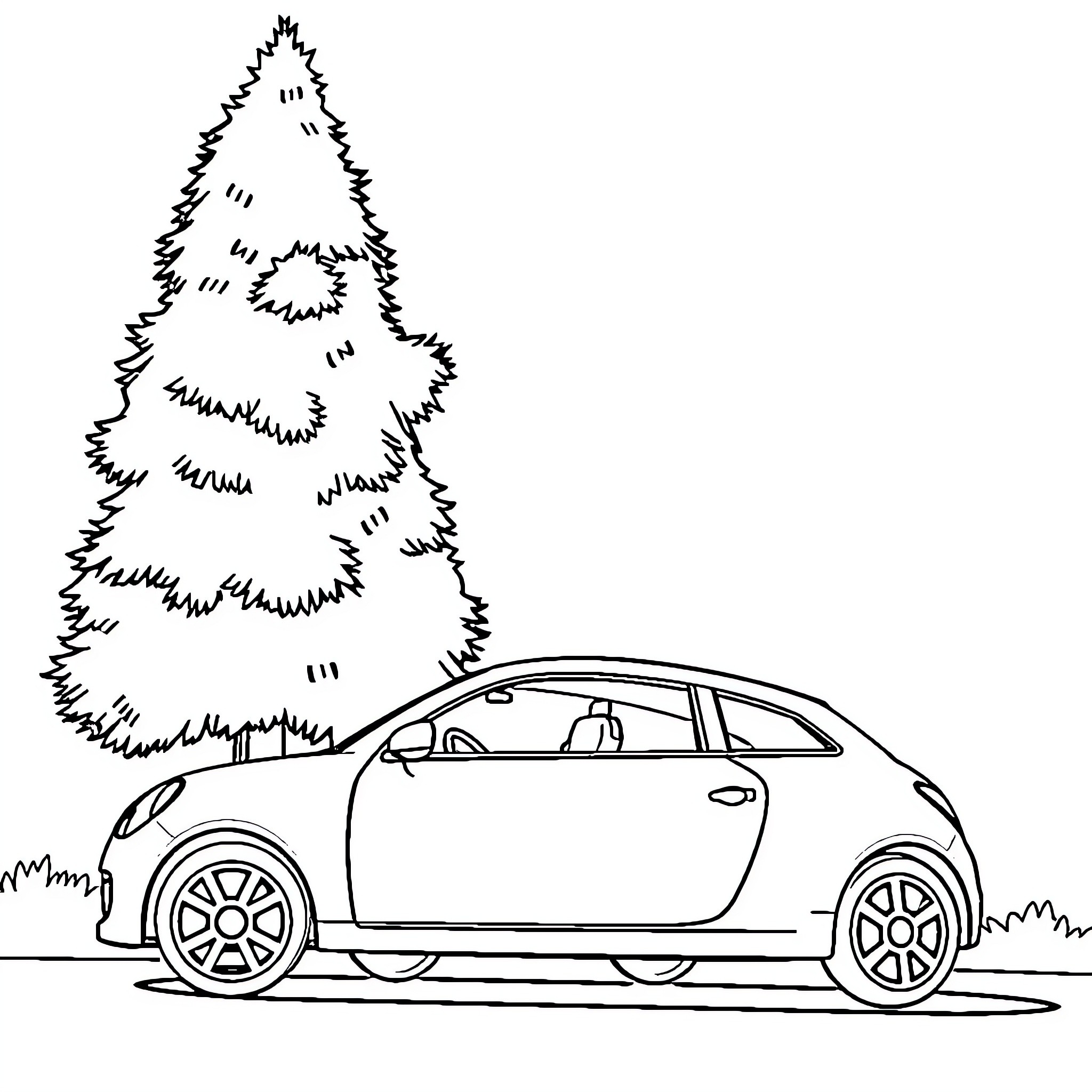 Car parked near snowy pine tree Coloring Page (free black-and-white line drawing printable PDF for all, from beginners to advanced learners, including children, teens, adults, and seniors)