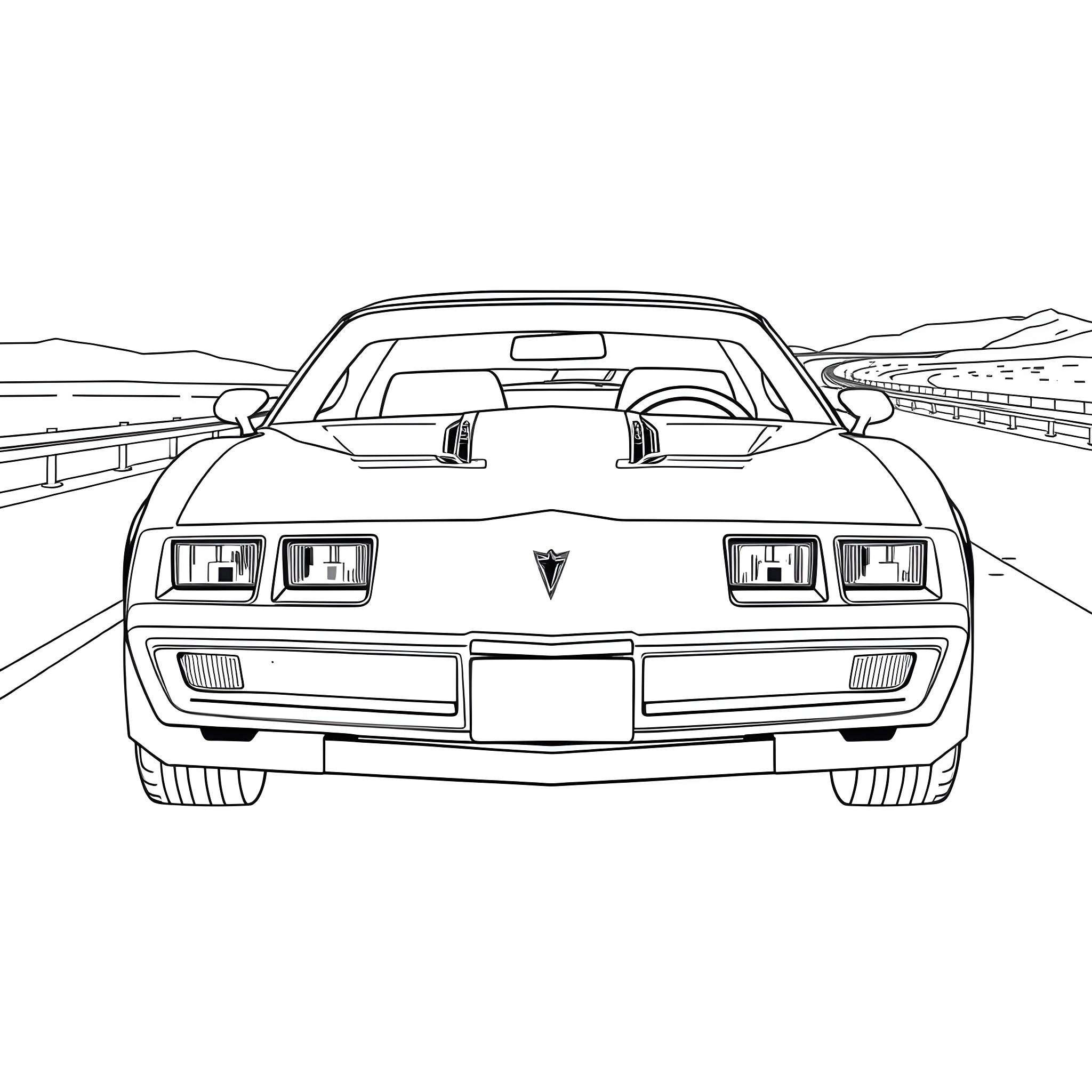 Pontiac Firebird speeding on highway with mountainous landscape Coloring Page (free black-and-white line drawing printable PDF for all, from beginners to advanced learners, including children, teens, adults, and seniors)