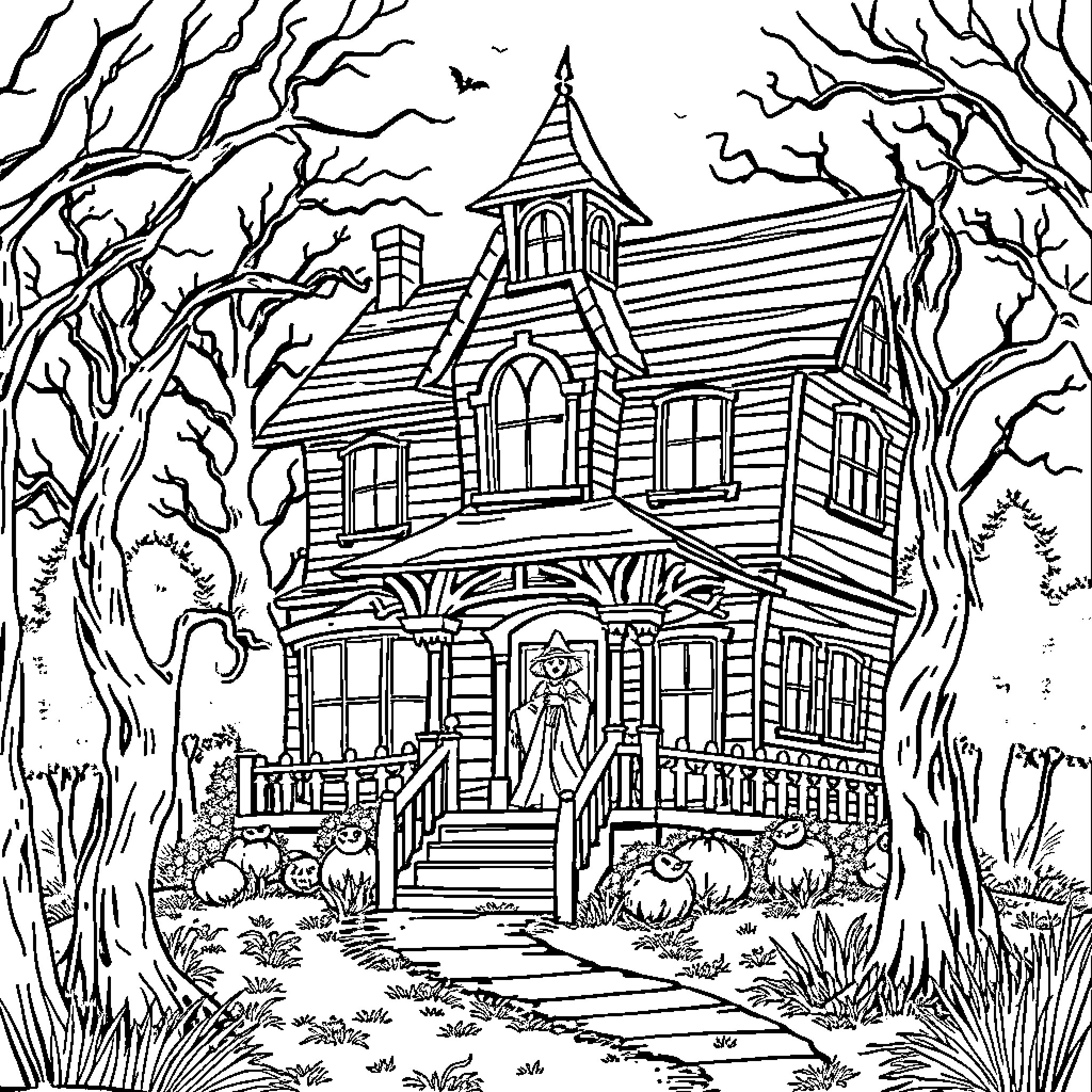 Haunted House with Spooky Forest Surroundings Coloring Page (free black-and-white line drawing printable PDF for all, from beginners to advanced learners, including children, teens, adults, and seniors)