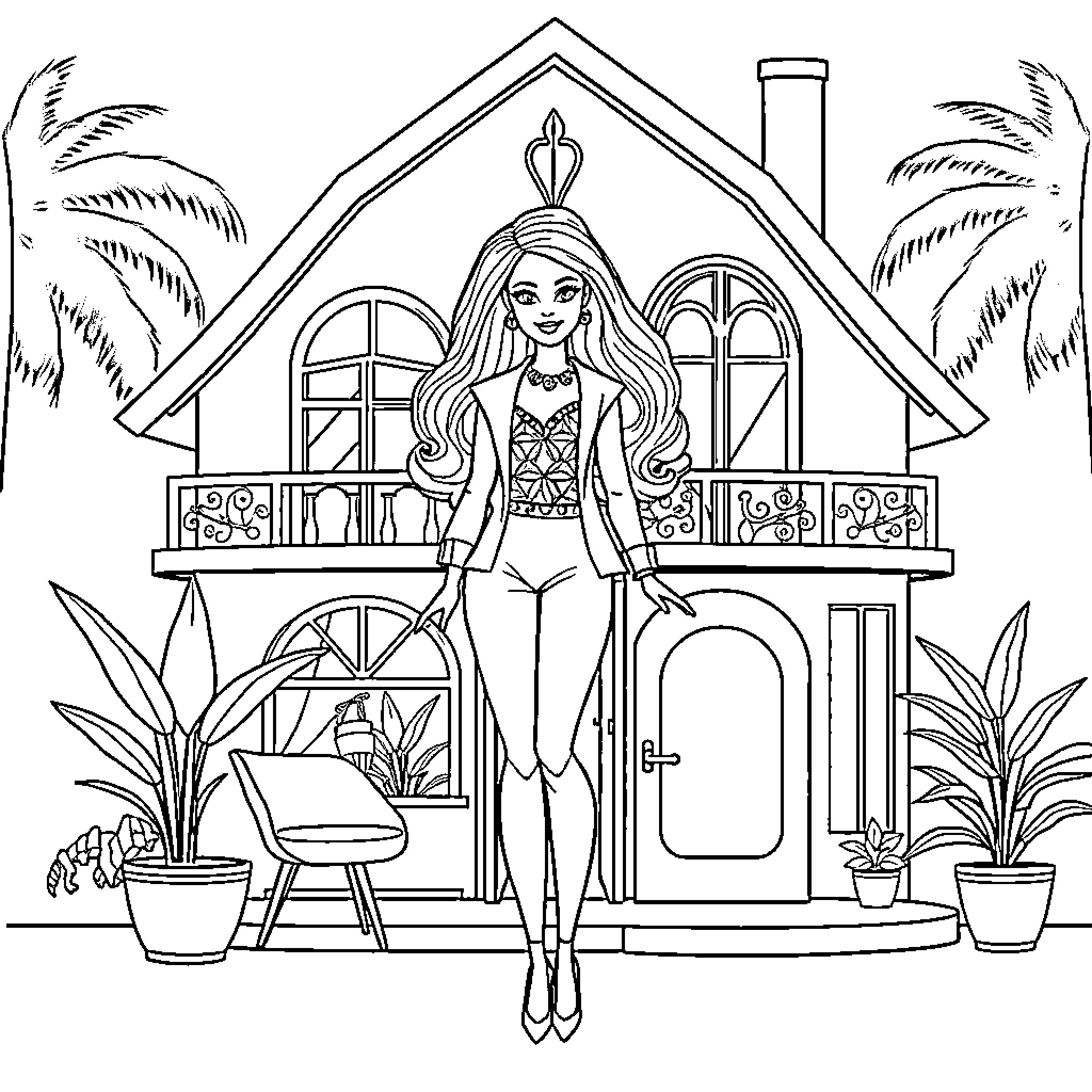 Barbie posing in front of a fancy house Coloring Page (free black-and-white line drawing printable PDF for all, from beginners to advanced learners, including children, teens, adults, and seniors)