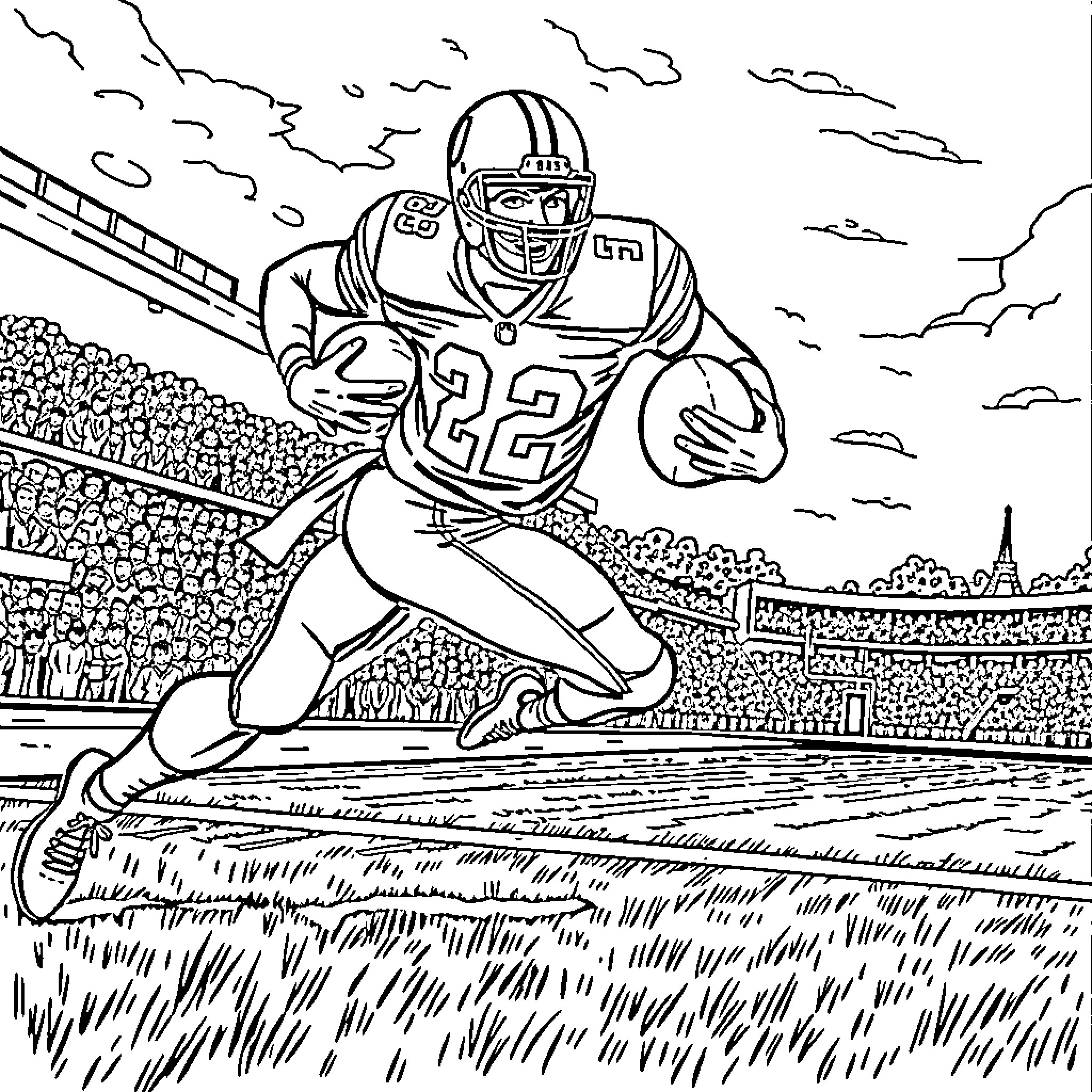 Football Player Running on Field Coloring Page (free black-and-white line drawing printable PDF for all, from beginners to advanced learners, including children, teens, adults, and seniors)