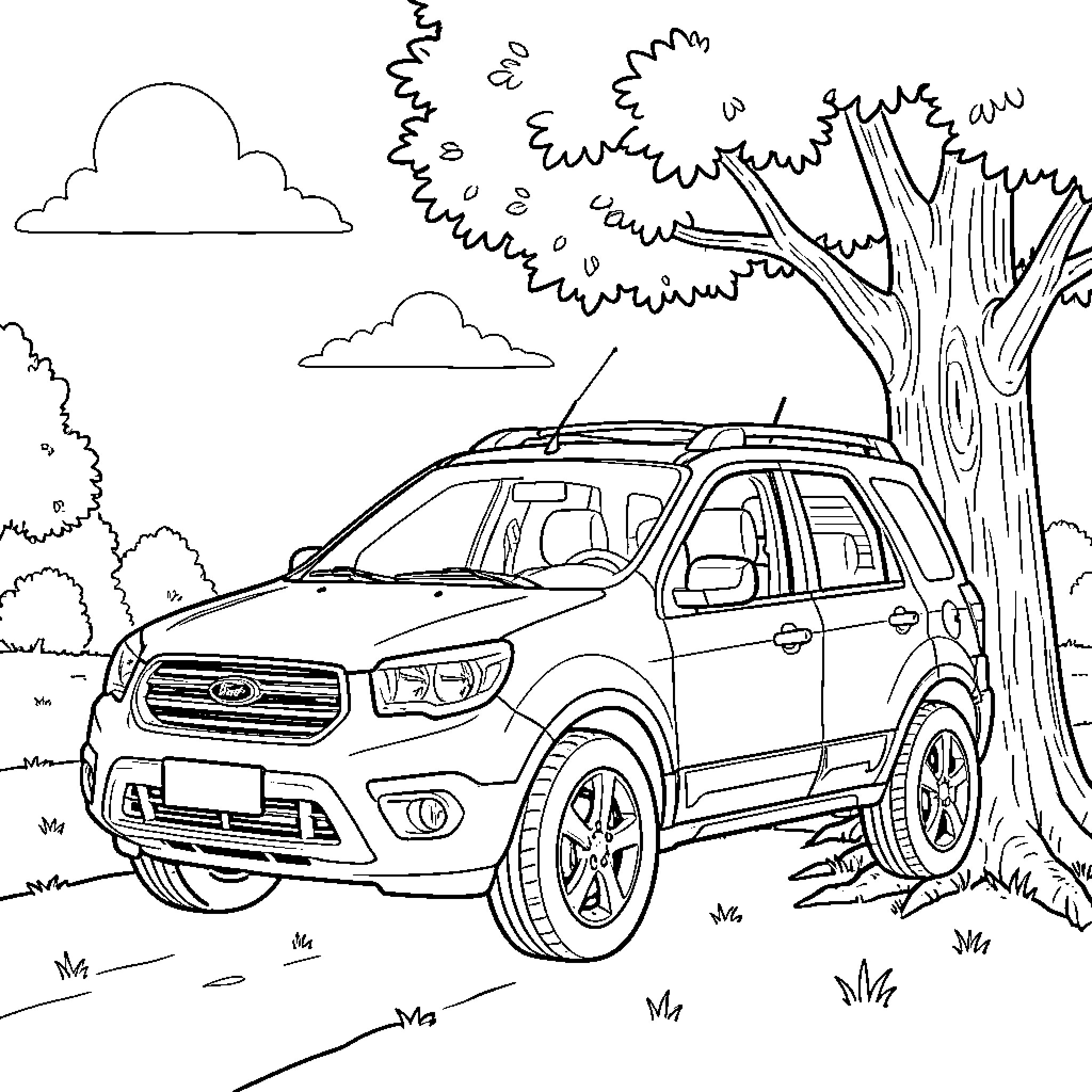Ford Escape exploring the great outdoors Coloring Page (free black-and-white line drawing printable PDF for all, from beginners to advanced learners, including children, teens, adults, and seniors)