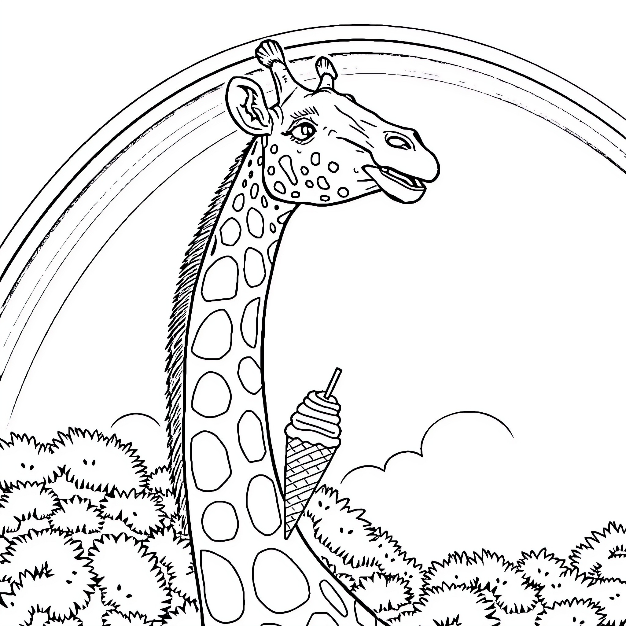Giraffe enjoying an ice cream cone in nature Coloring Page (free black-and-white line drawing printable PDF for all, from beginners to advanced learners, including children, teens, adults, and seniors)