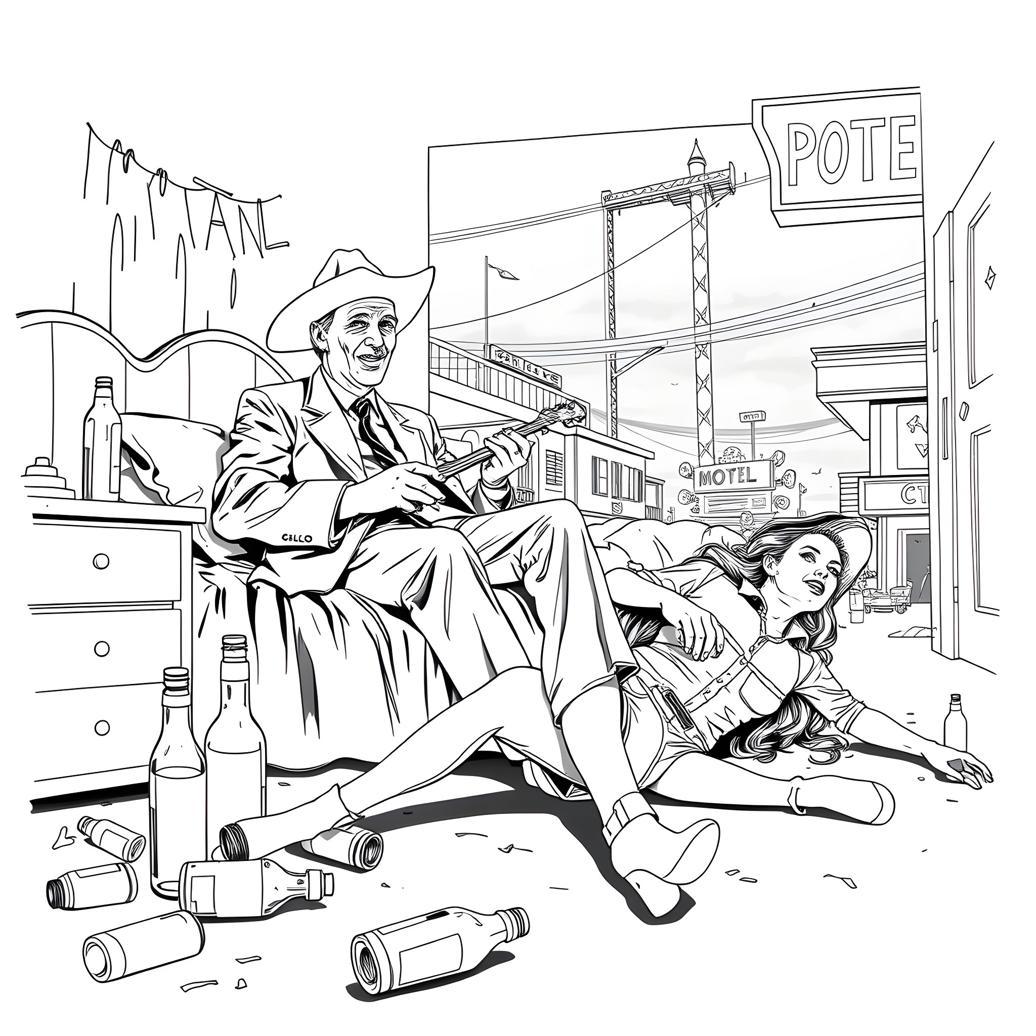 Hank Williams Sr. amidst the lively town scene Coloring Page (free black-and-white line drawing printable PDF for all, from beginners to advanced learners, including children, teens, adults, and seniors)