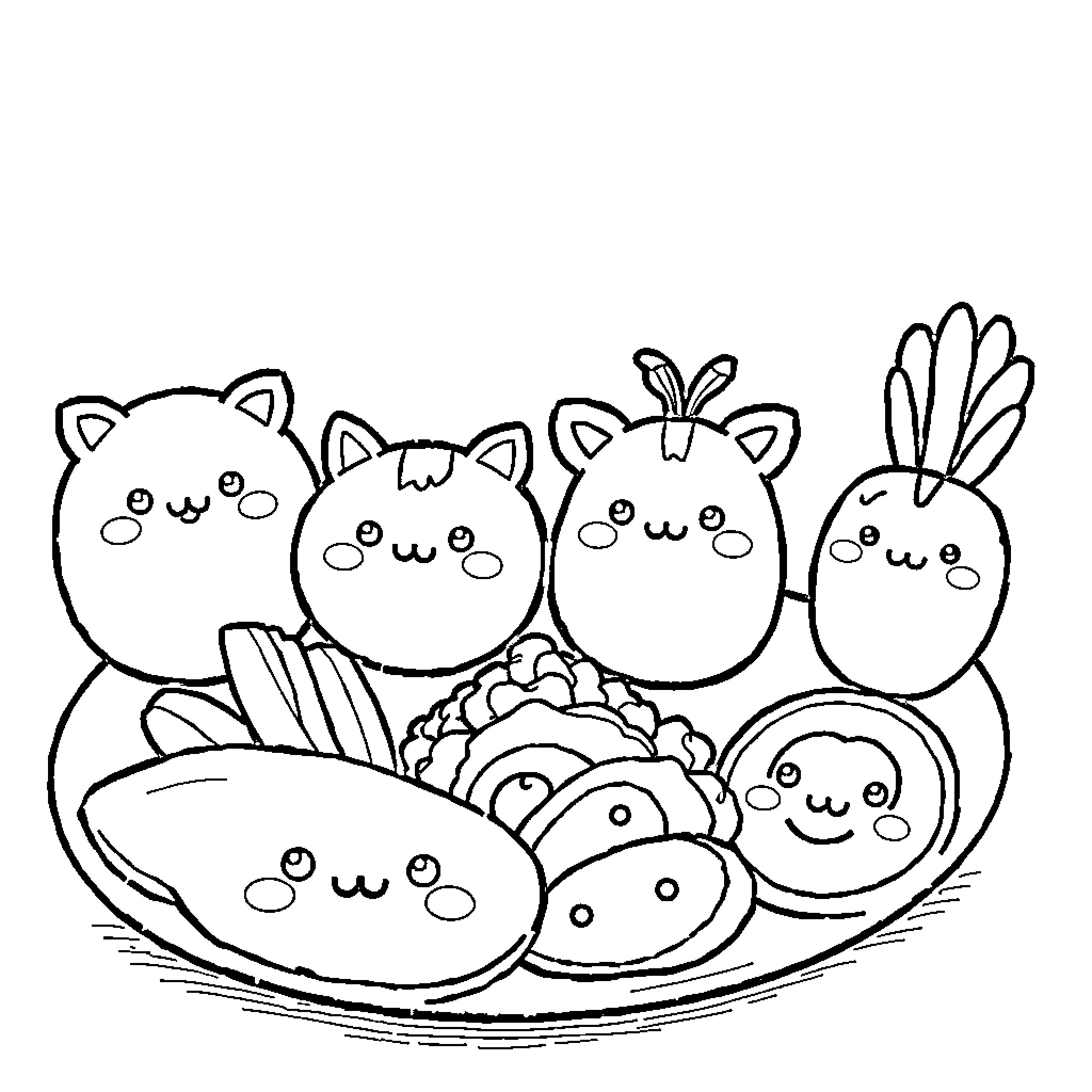 Food fun with cute cartoon characters Coloring Page (free black-and-white line drawing printable PDF for all, from beginners to advanced learners, including children, teens, adults, and seniors)