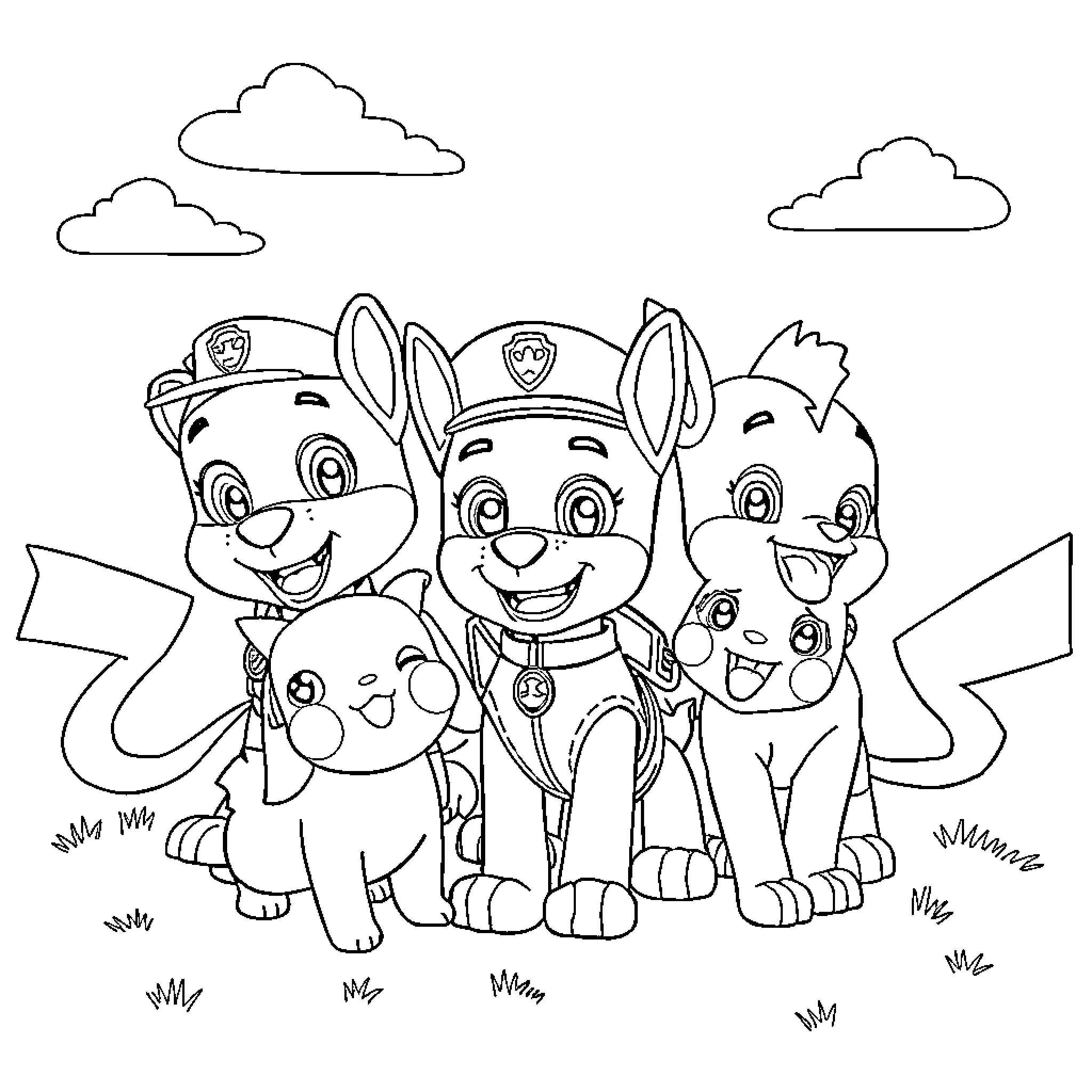 Paw Patrol characters in action poses Coloring Page (free black-and-white line drawing printable PDF for all, from beginners to advanced learners, including children, teens, adults, and seniors)