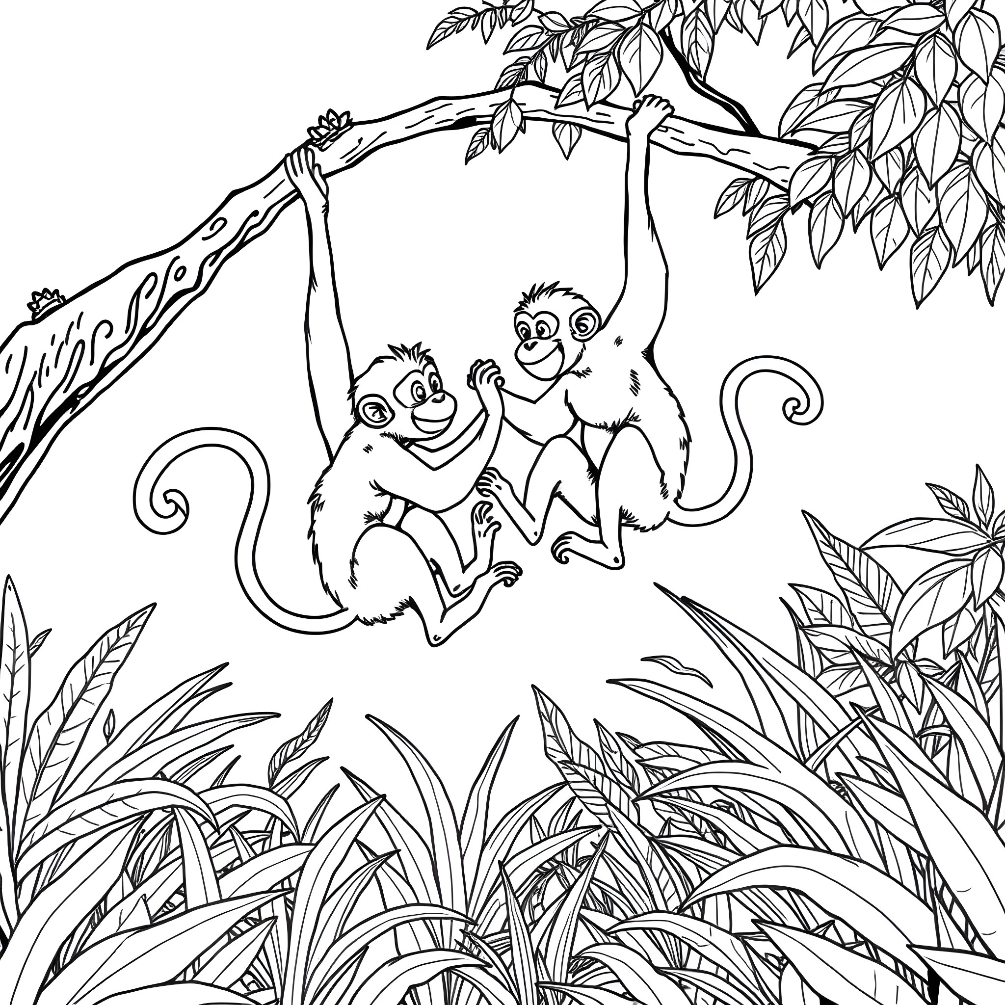 Monkeys playing and swinging in the jungle Coloring Page (free black-and-white line drawing printable PDF for all, from beginners to advanced learners, including children, teens, adults, and seniors)