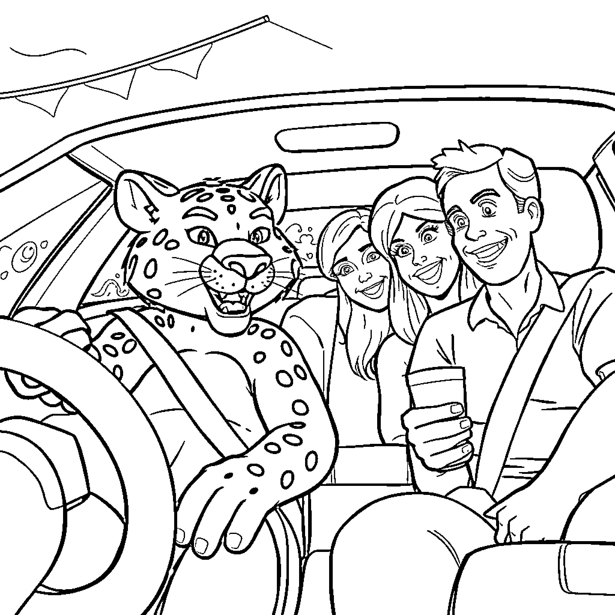 Butch T. Cougar's Exciting Road Trip with Friends Coloring Page (free black-and-white line drawing printable PDF for all, from beginners to advanced learners, including children, teens, adults, and seniors)