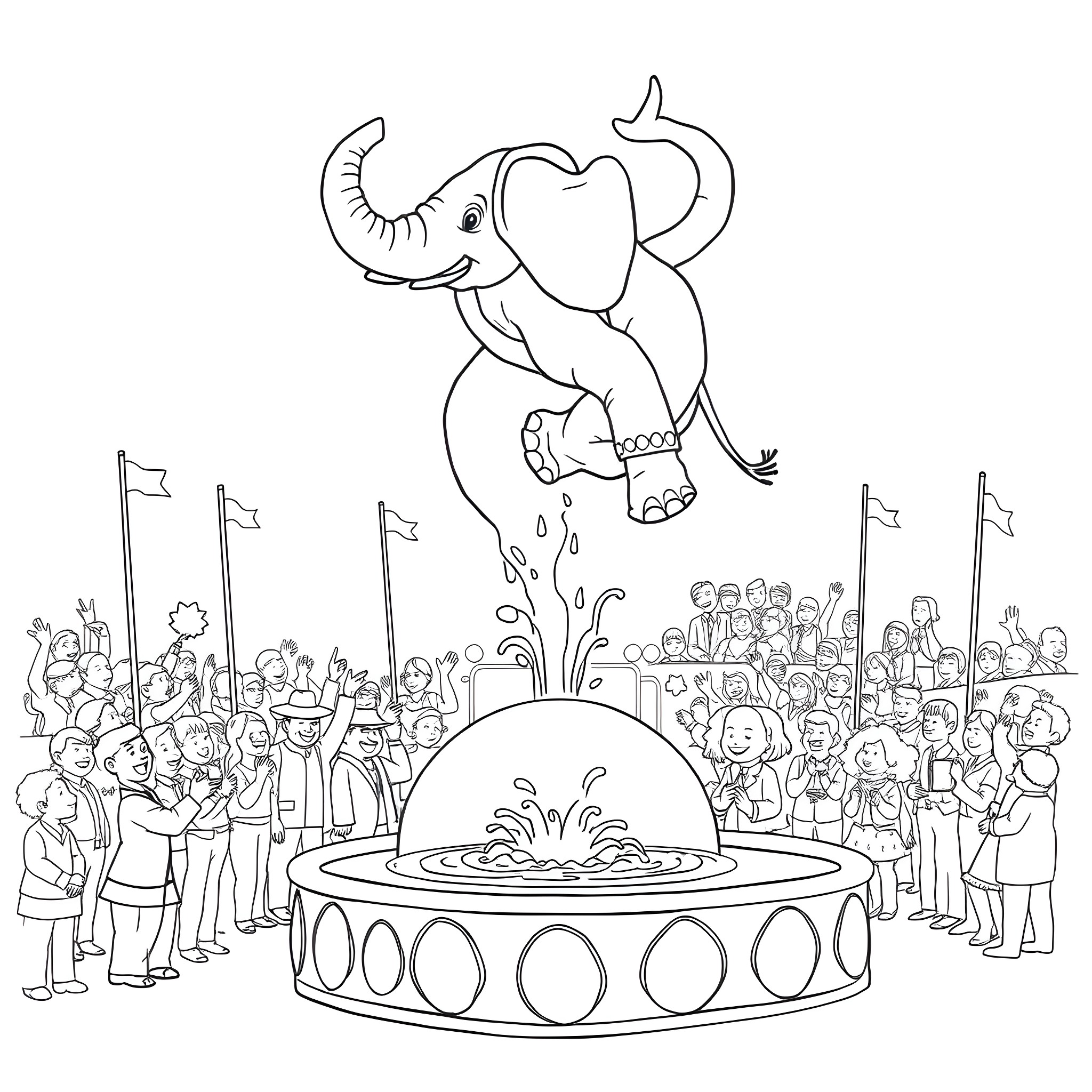 Elephant performing joyful display for audience Coloring Page (free black-and-white line drawing printable PDF for all, from beginners to advanced learners, including children, teens, adults, and seniors)