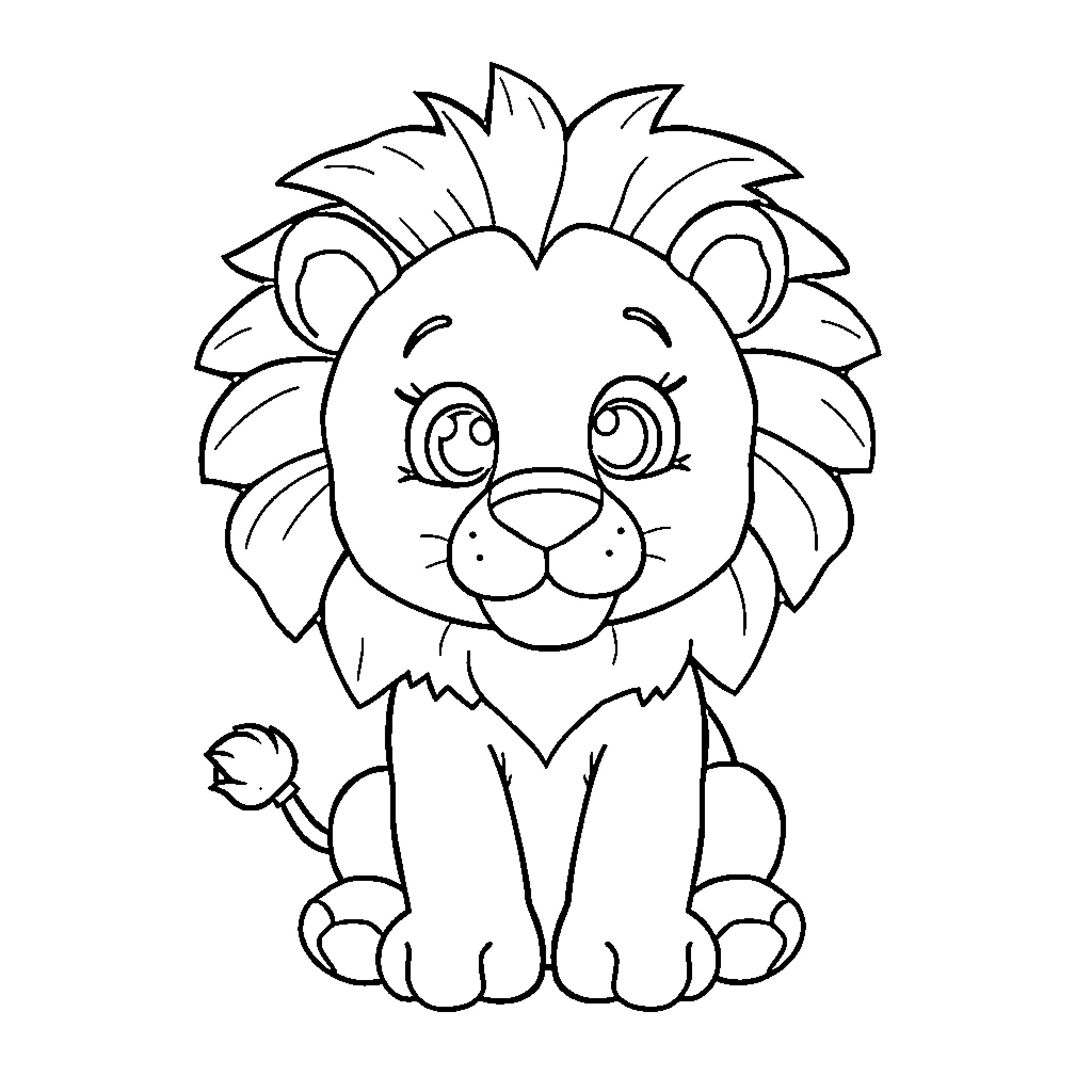 Lion cub with expressive eyes and puffy mane Coloring Page (free black-and-white line drawing printable PDF for all, from beginners to advanced learners, including children, teens, adults, and seniors)