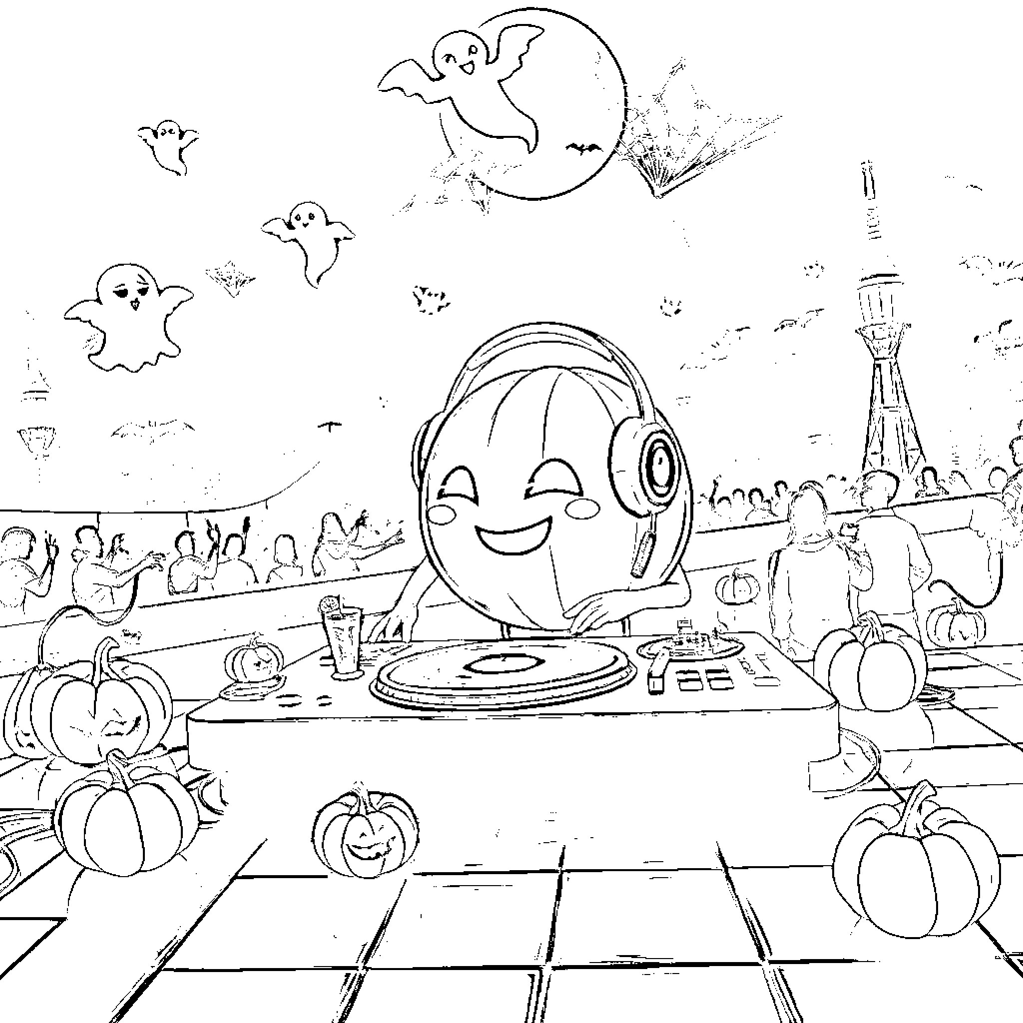 DJ Tomato's Spooky Halloween Party Coloring Page (free black-and-white line drawing printable PDF for all, from beginners to advanced learners, including children, teens, adults, and seniors)