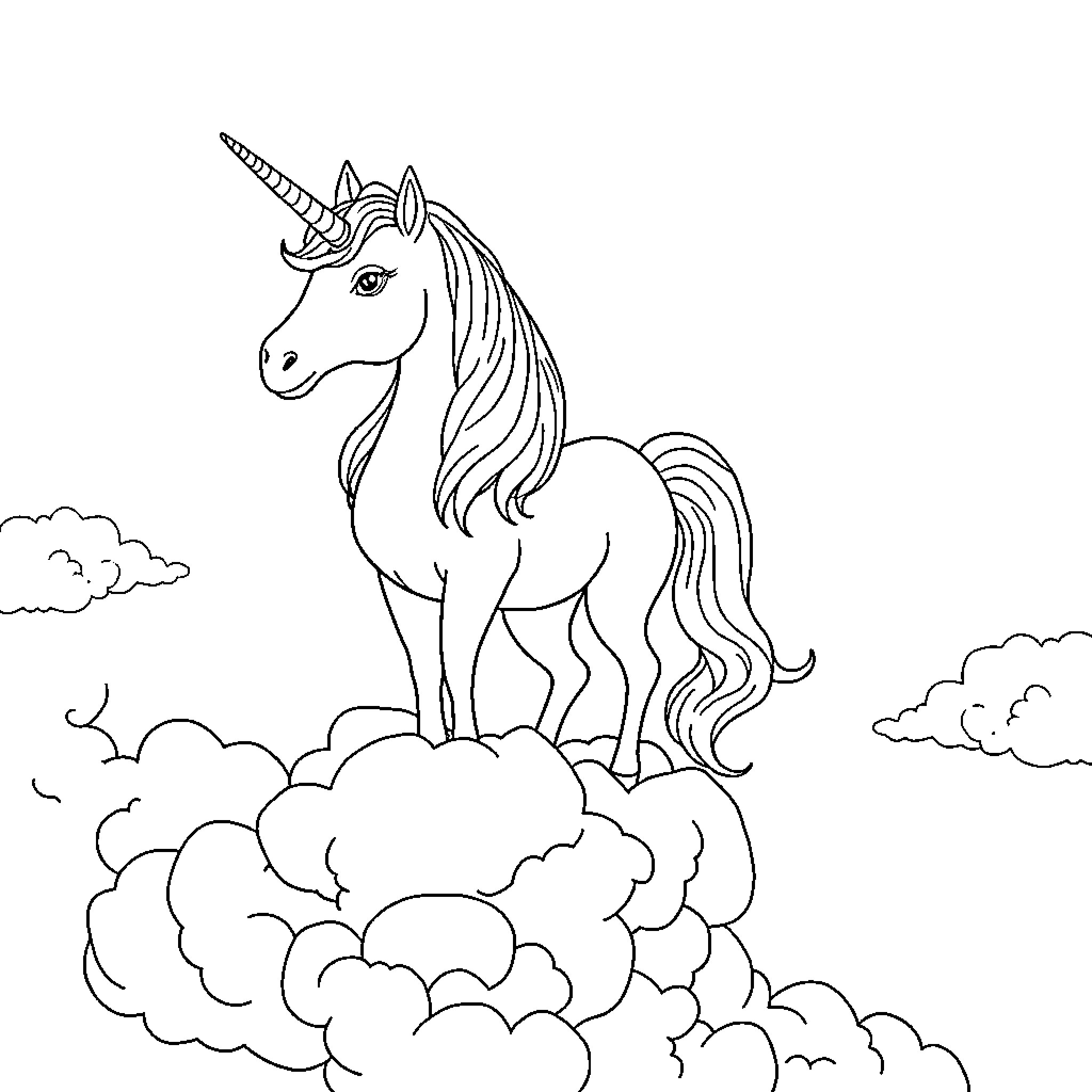 Unicorn standing proudly on a cloud Coloring Page (free black-and-white line drawing printable PDF for all, from beginners to advanced learners, including children, teens, adults, and seniors)