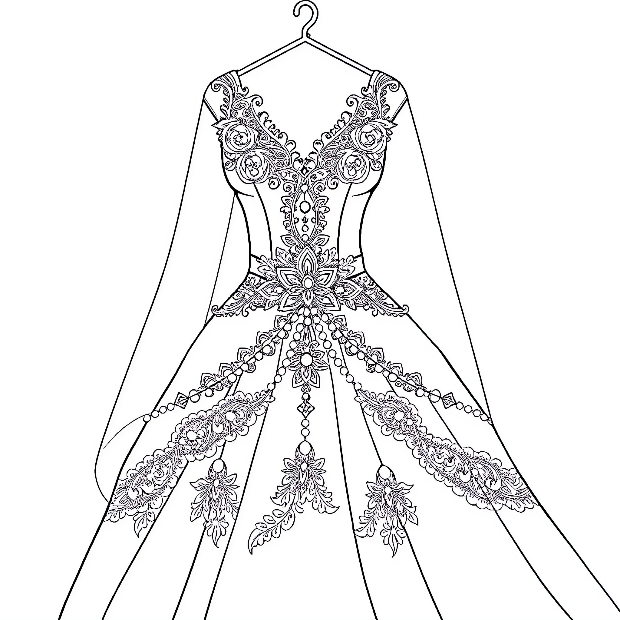 Wedding Dress with Ornate Floral Design Coloring Page (free black-and-white line drawing printable PDF for all, from beginners to advanced learners, including children, teens, adults, and seniors)
