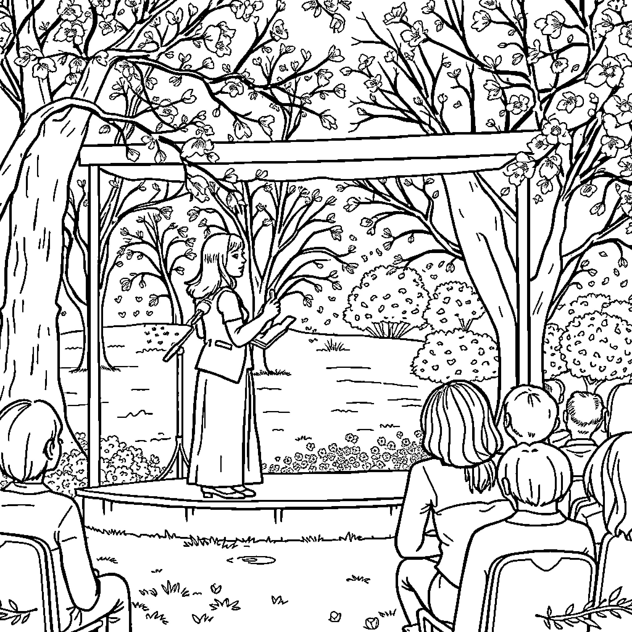 Poet reciting verses in serene woodland setting Coloring Page (free black-and-white line drawing printable PDF for all, from beginners to advanced learners, including children, teens, adults, and seniors)