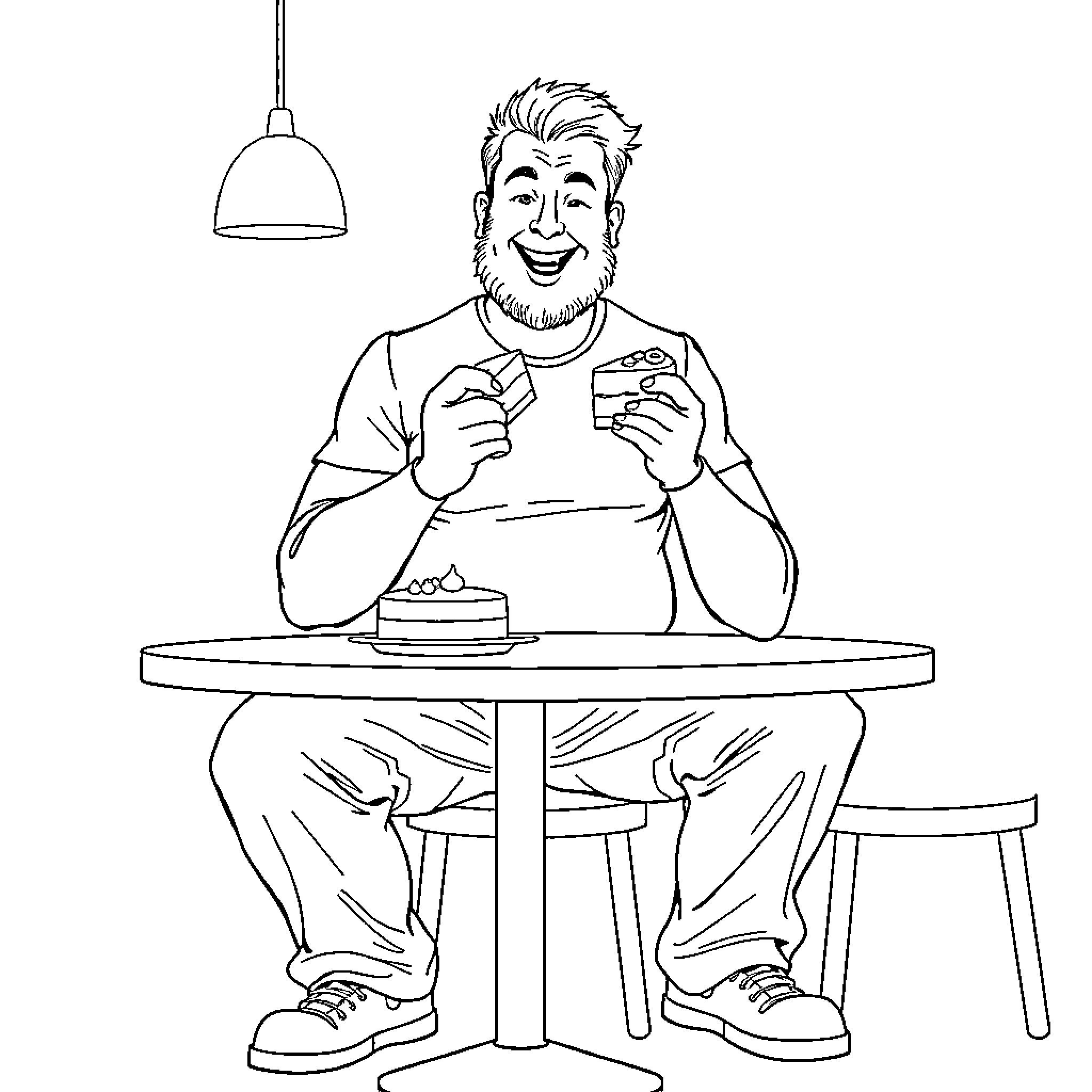 Man enjoying food and mobile device at table Coloring Page (free black-and-white line drawing printable PDF for all, from beginners to advanced learners, including children, teens, adults, and seniors)
